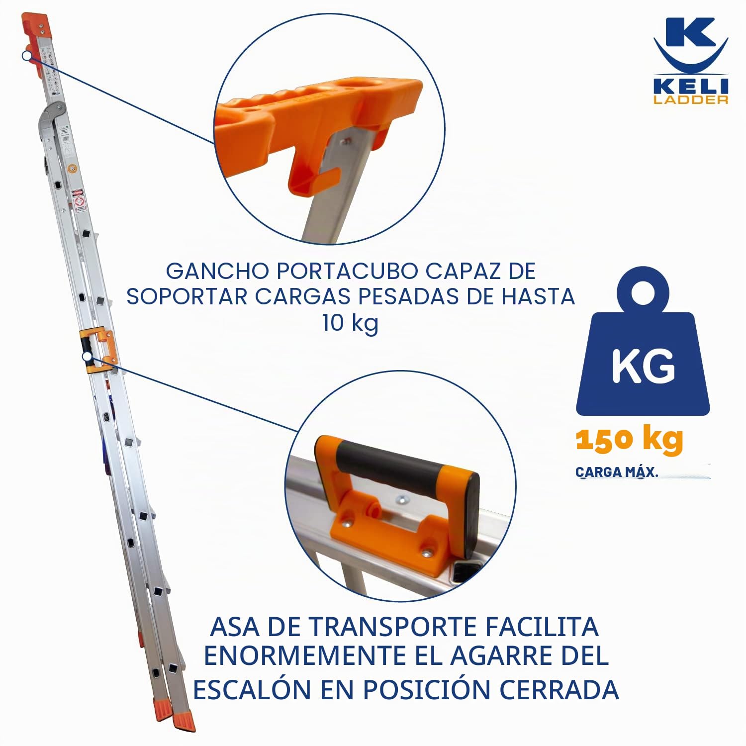 K•LUTECH - Escalera Plegable, Escalera Tijera, Peldaño, Fabricada en Aluminio, Calidad Profesional, Asa de Transporte Confortable, Portaherramientas ABS (Trabajo a 3,6 m)