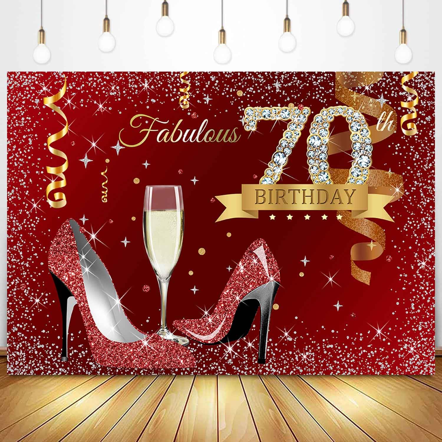 Sensfun 7x5ft Red Happy 70th Birthday Backdrop for Women Glitter High Heels Gold Confetti Photography Background Fabulous 70th Birthday Party