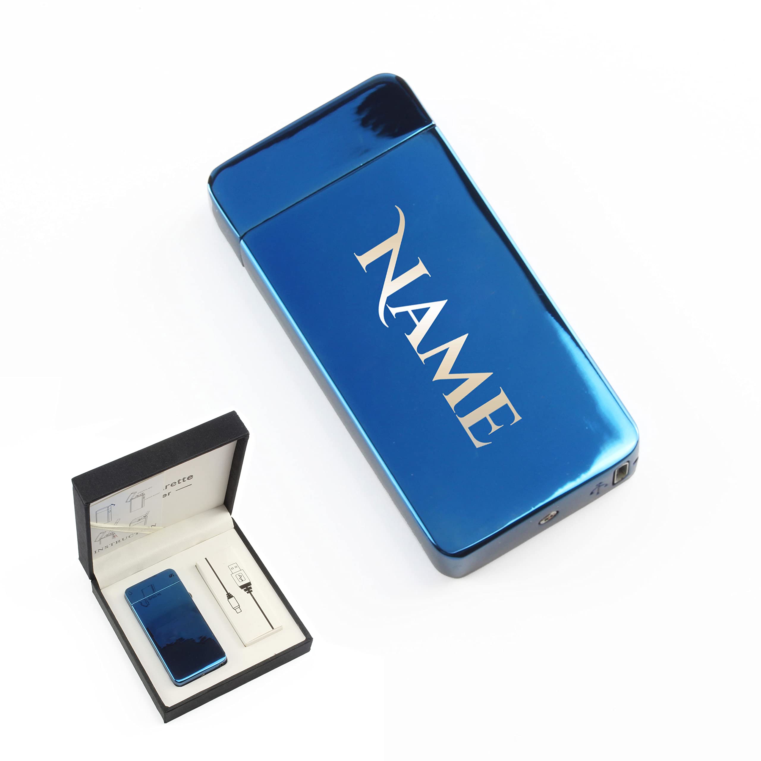 Personalised Engraved Reflective Blue Electric Lighter, Arc Lighter, Comes with Presentation Box, USB Rechargeable, Any Name Design, Gift for Him, Engraved in The UK