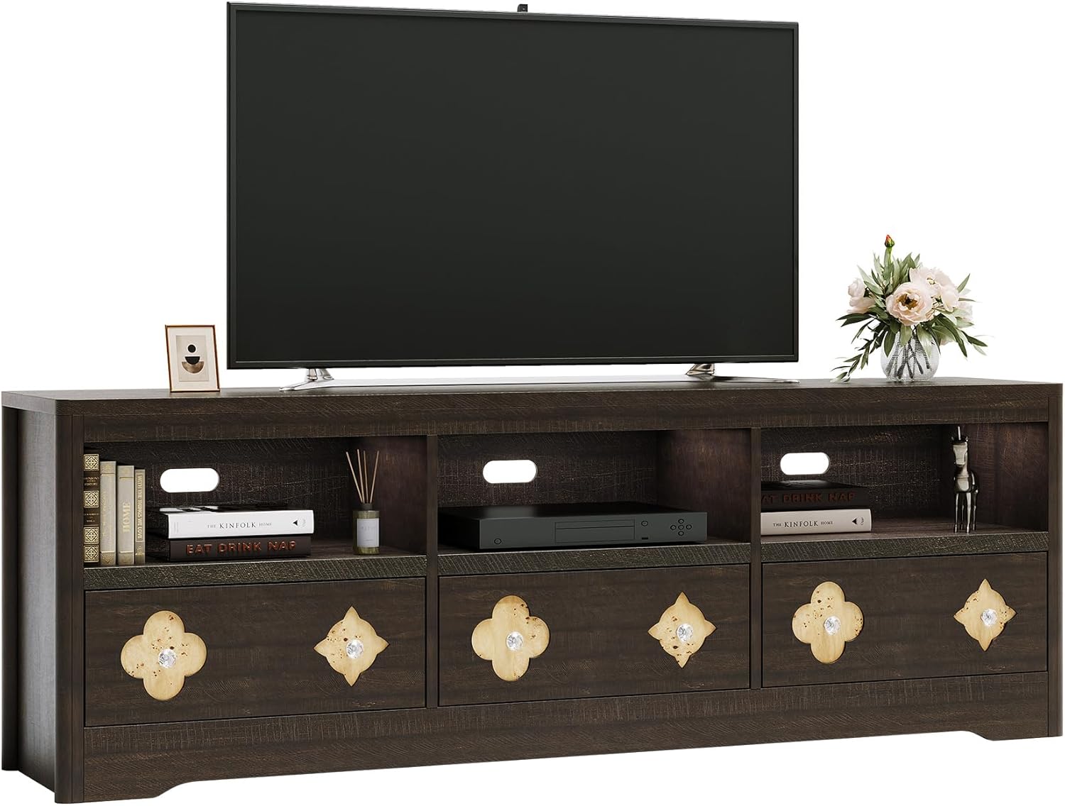 Garvee 70in TV Stand for TVs Up to 85", Mid Century Modern Entertainment Center with Storage Engraving Drawer and Open Shelves, TV Console Media Cabinet for Living Room, Bedroom