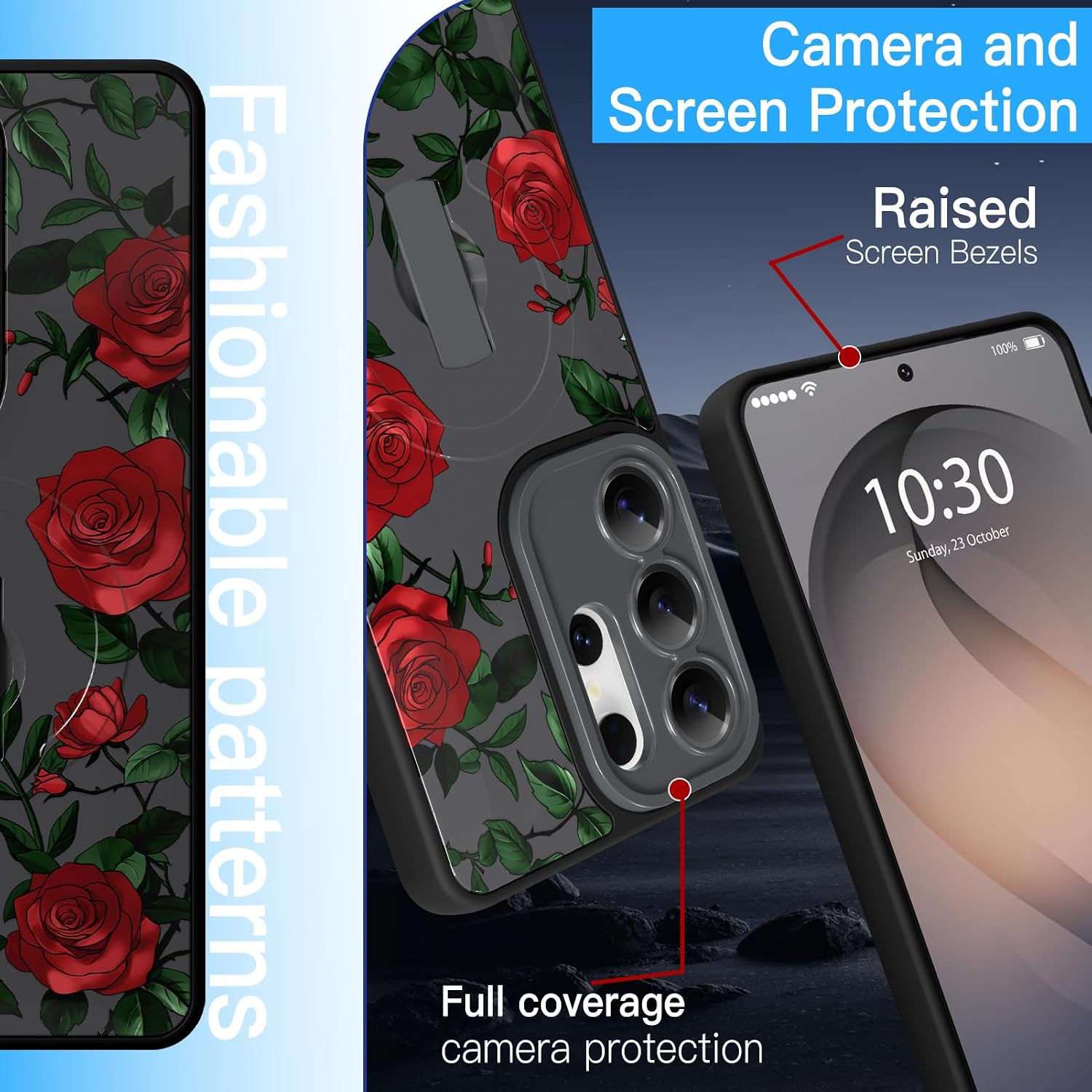 Magnetic Case for Samsung Galaxy S26 Ultra with Finger Hand Strap Kickstand[Compatible with MagSafe] Red Rose Floral Pattern for Women Man Slim Full Camera Protection Shockproof Phone Case