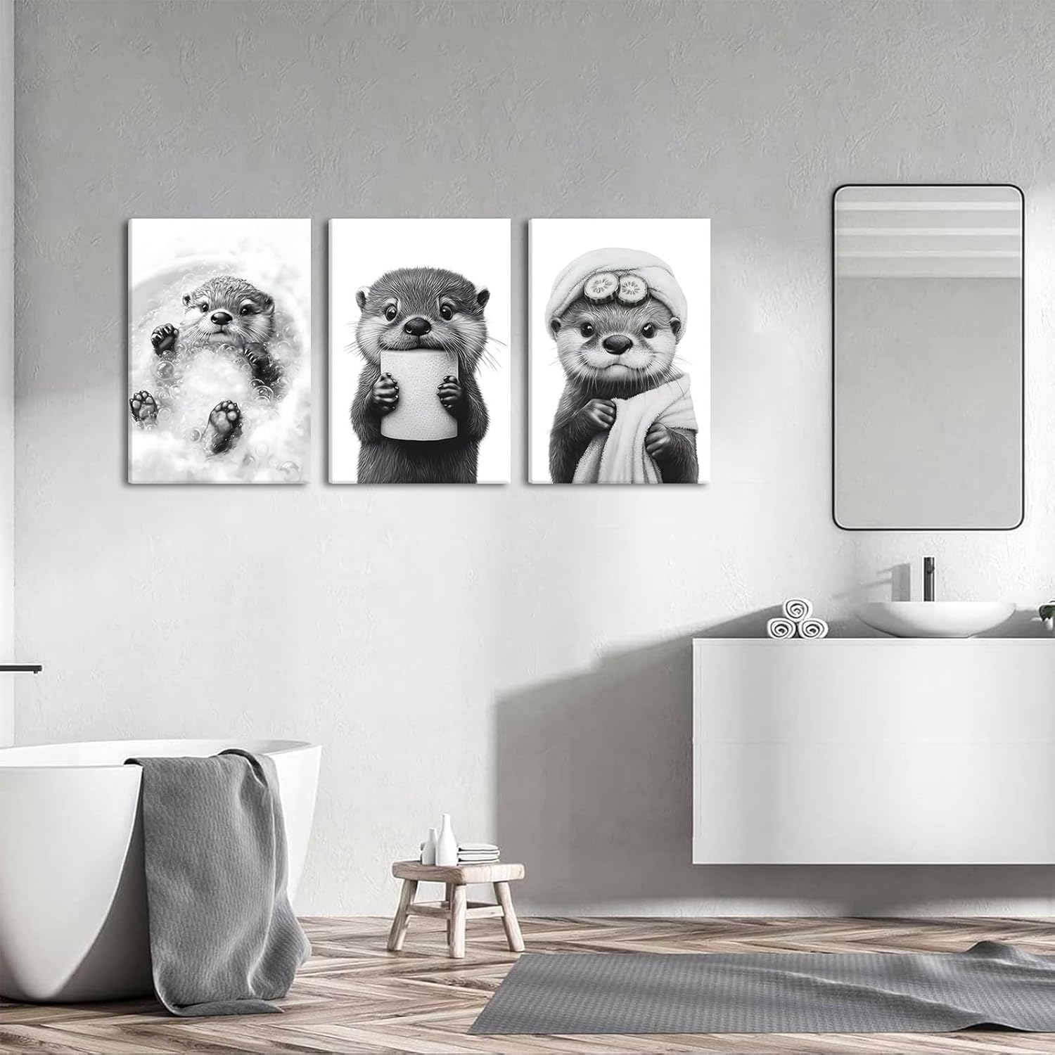 3Pcs Cute Otter Canvas Wall Art Funny Bathroom Paintings Pictures Wall Decor Black And White Animal Poster Printing Artwork for Home Farmhouse Toilet Lavatory Bathroom Restroom Home Decoration