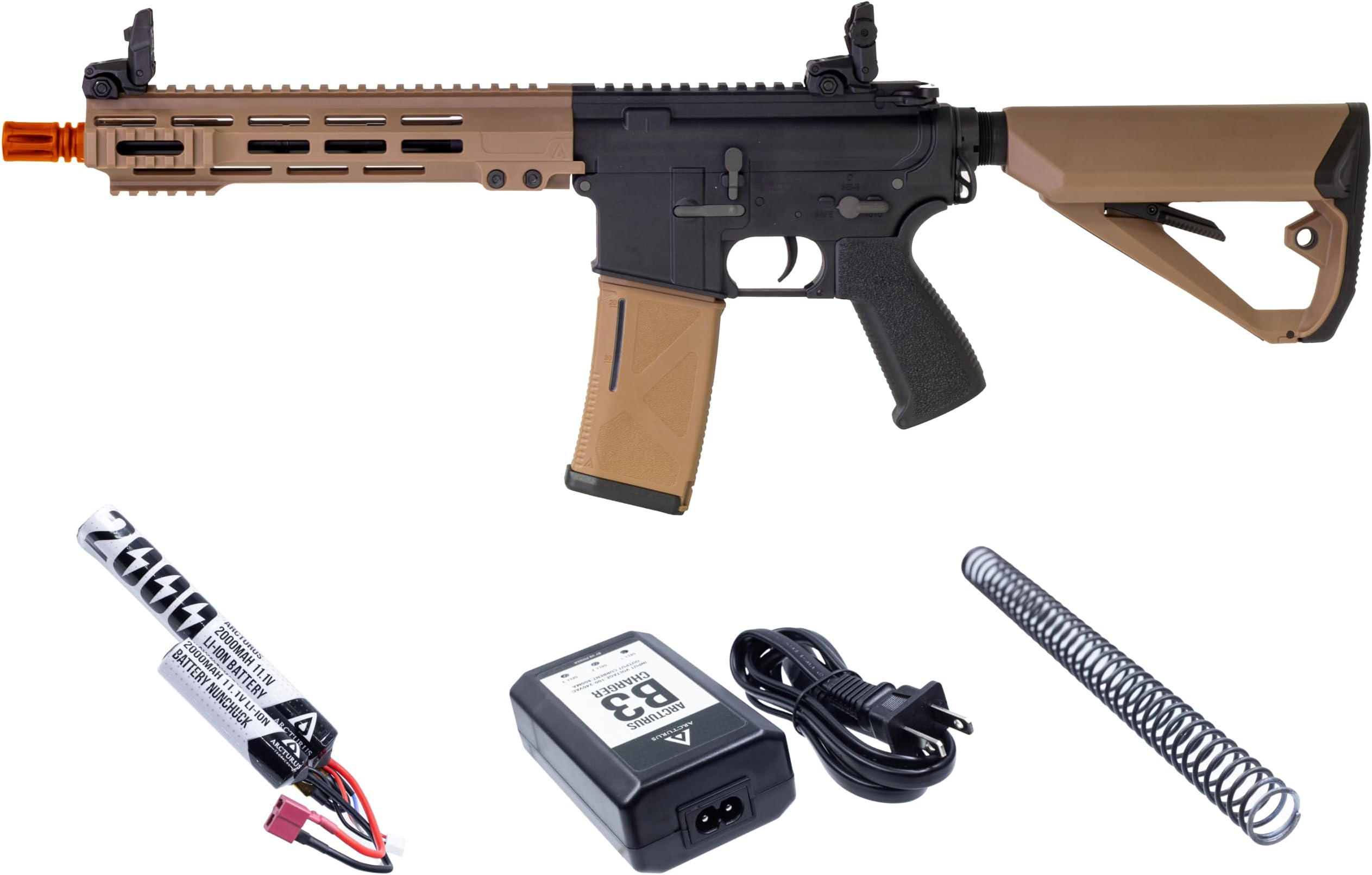 ARCTURUS TACTICALLWT MK-I CQB 10" Polymer- Electric Full/Semi-Auto/2rd-Burst/3rd-Burst/Binary/Ramping Airsoft AEG Sport SE Starter Pack Black-Tan with Battery and Charger