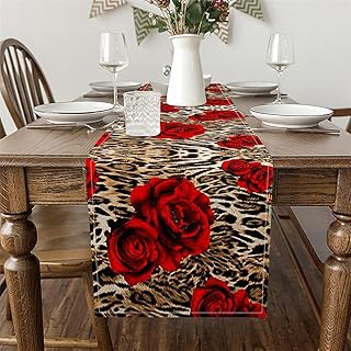 Erosebridal Leopard Print Summer Table Runner for Kids Woman,Red Rose Ta...