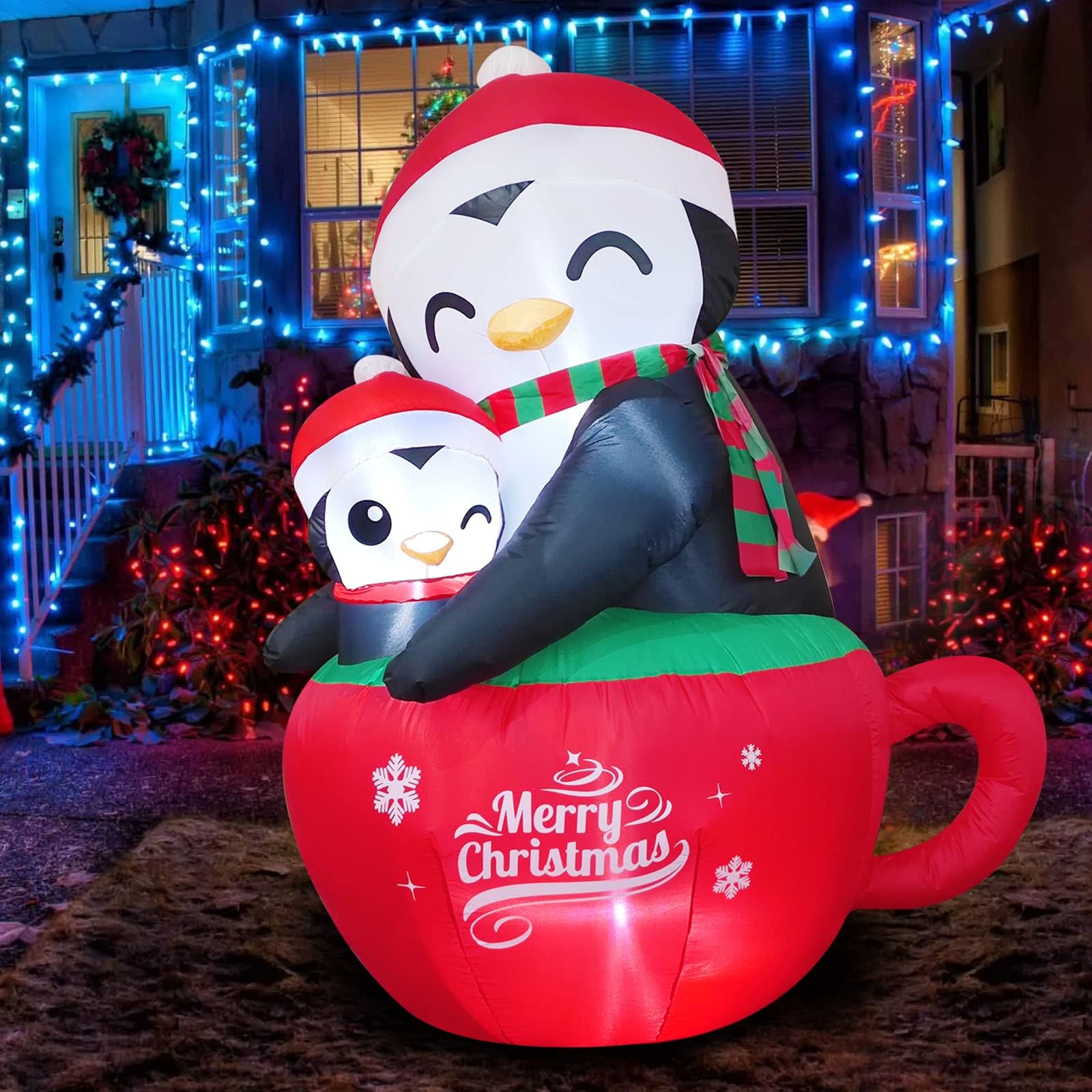 5.5 FT Inflatable Christmas Yard Decorations Cups Mother and Son Penguin Blow Up