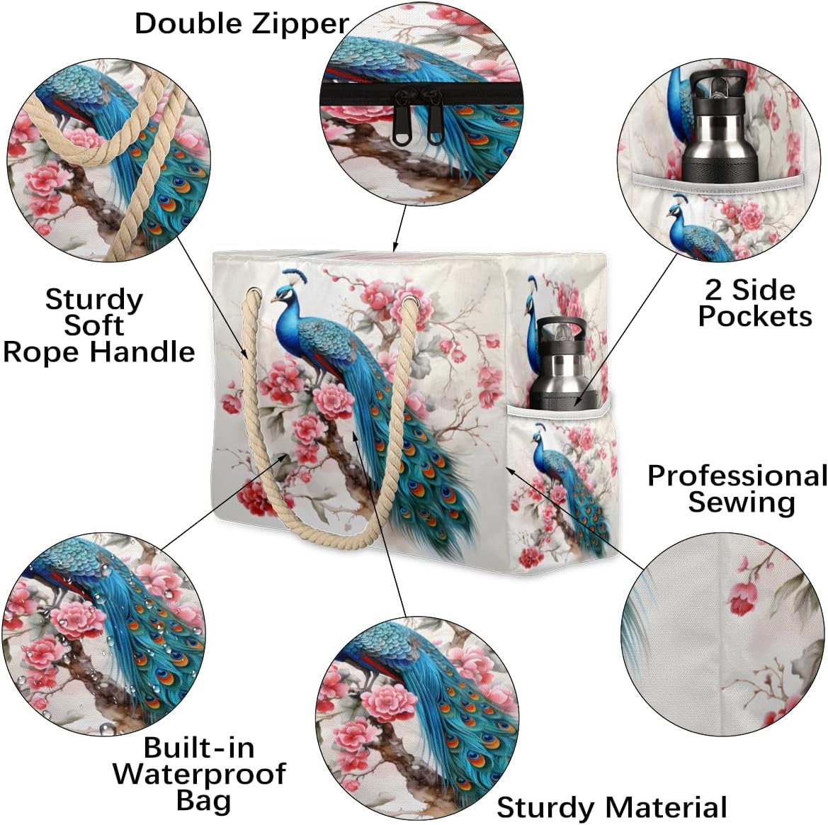 Tree Branch Flower Beautiful Peacock Beach Bag for Women Waterproof Sandproof Tote with Zipper Cotton Rope Handles for Travel Pool Gym Shopping