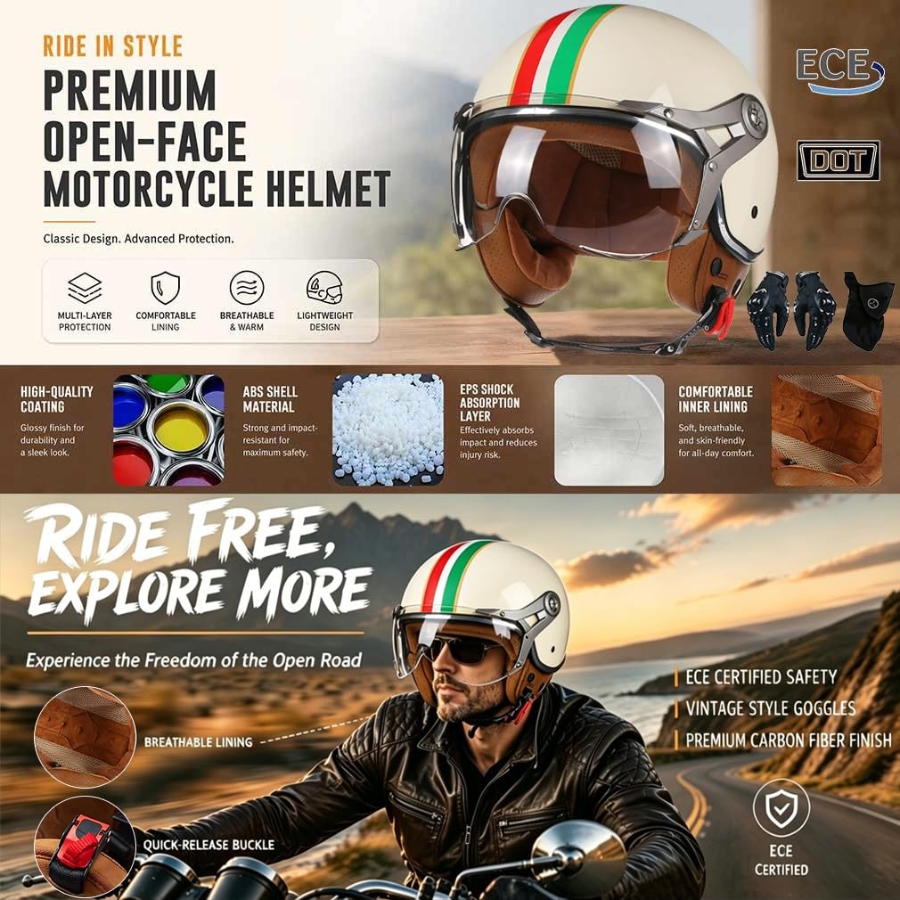 Casque Jet Moto 3/4 Ouvert Vintage Homologué ECE 22.06