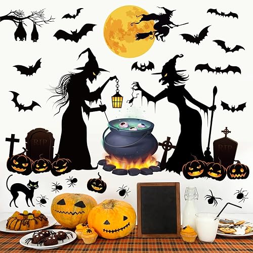Calcomanías de pared de Halloween, brujas, murciélagos, calabaza, luna, calcomanías de pared para dormitorio de niños, sala de estar, despegar y