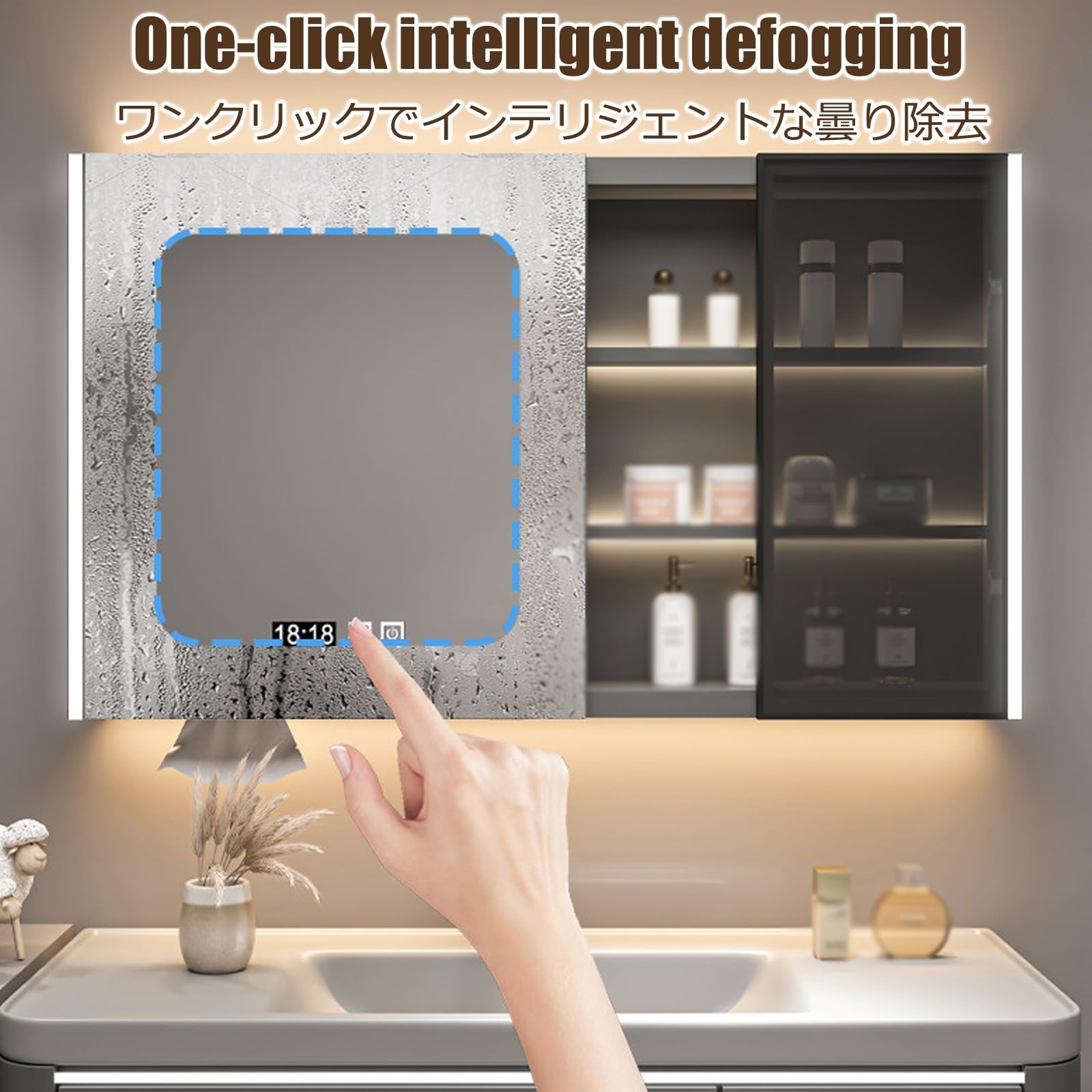Mobiletto A Specchio,Mobile Bagno Con Specchio,Specchiera Bagno Con Contenitore,Luce Regolabile,Sbrinatore,Per Soggiorno, Lavanderia, Fango(Gray,120cm/47.2in)