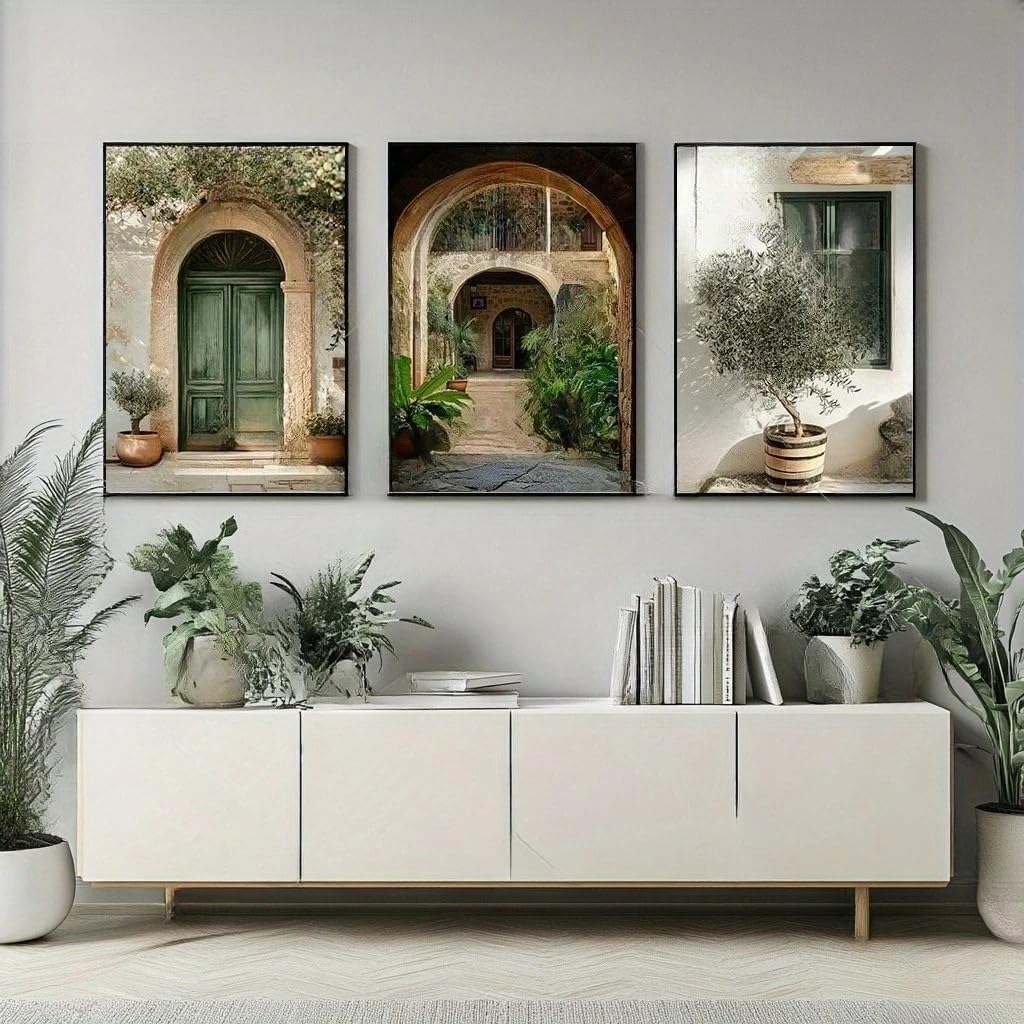 Dittelle Mediterranean Stone Arches Olive Tree Potted Plants Canvas Printing Retro Green Door Wall Art Posters for Home Decor(70x100cmx3/Frameless)