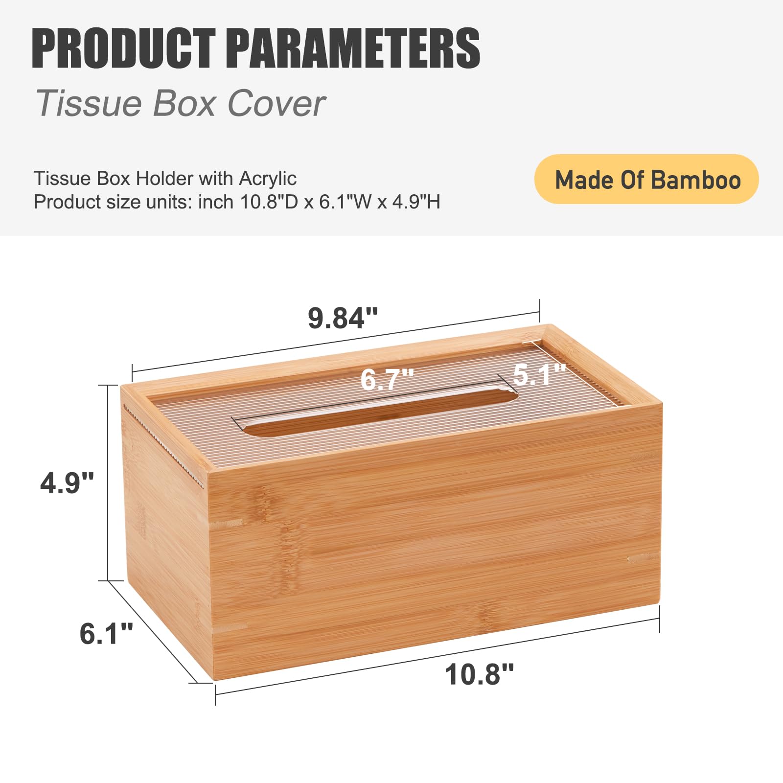 Tissue Box Cover,Bamboo Tissue Box Holder with Acrylic Lid,Tissue Holder for Tabletop Night Stands Bathroom Office (Natural, (10.8 * 6.1 * 12.5) inch)