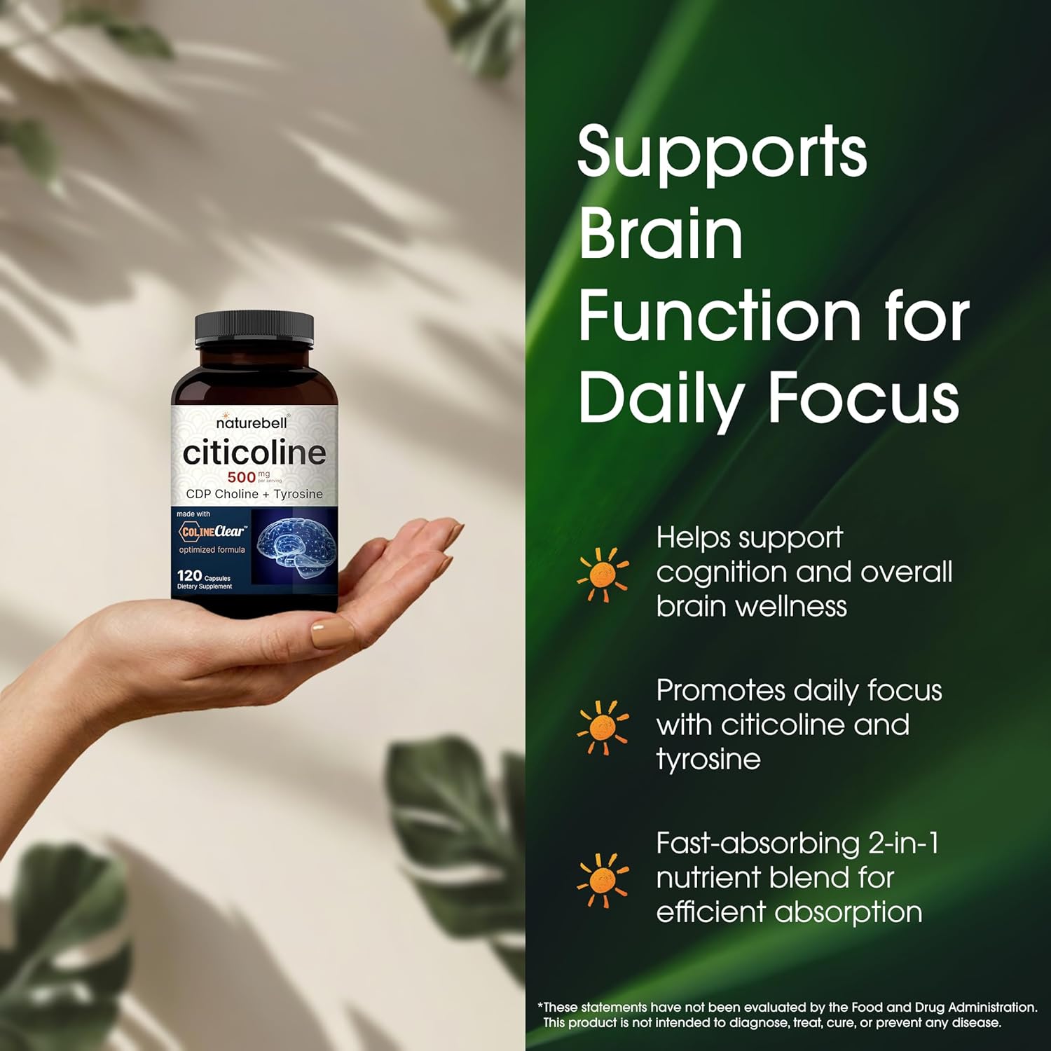 NatureBell Citicoline 500mg - 120 Capsules - Brain Function Support for Adults - Memory & Focus Aid with CDP Choline & Tyrosine - Fast-Absorbing Formula* - Non-GMO & Gluten-Free - Image 4