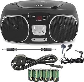 Akai Compact CD Boombox, AM/FM Radio, Mains Electric or Battery, 3 year Warranty. LED Display, LEAD INCLUDED (AUX IN 3.5mm Input: Smart Phone, iPh, etc) Black (Inc: Earphone, Mains Lead & Batteries)