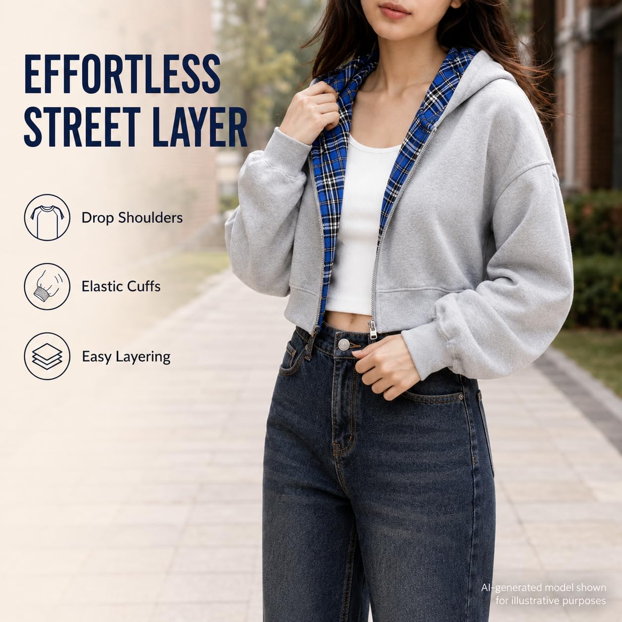 Generisch Chaqueta corta con capucha para mujer con cremallera patchwork manga larga