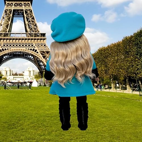 Miniatura 3 de Parisian Stroll - Traje de 4 piezas - Abrigo de forro polar azul con boina a juego, leggings negros y botas - Ropa para muñecas de 18 pulgadas (toll
