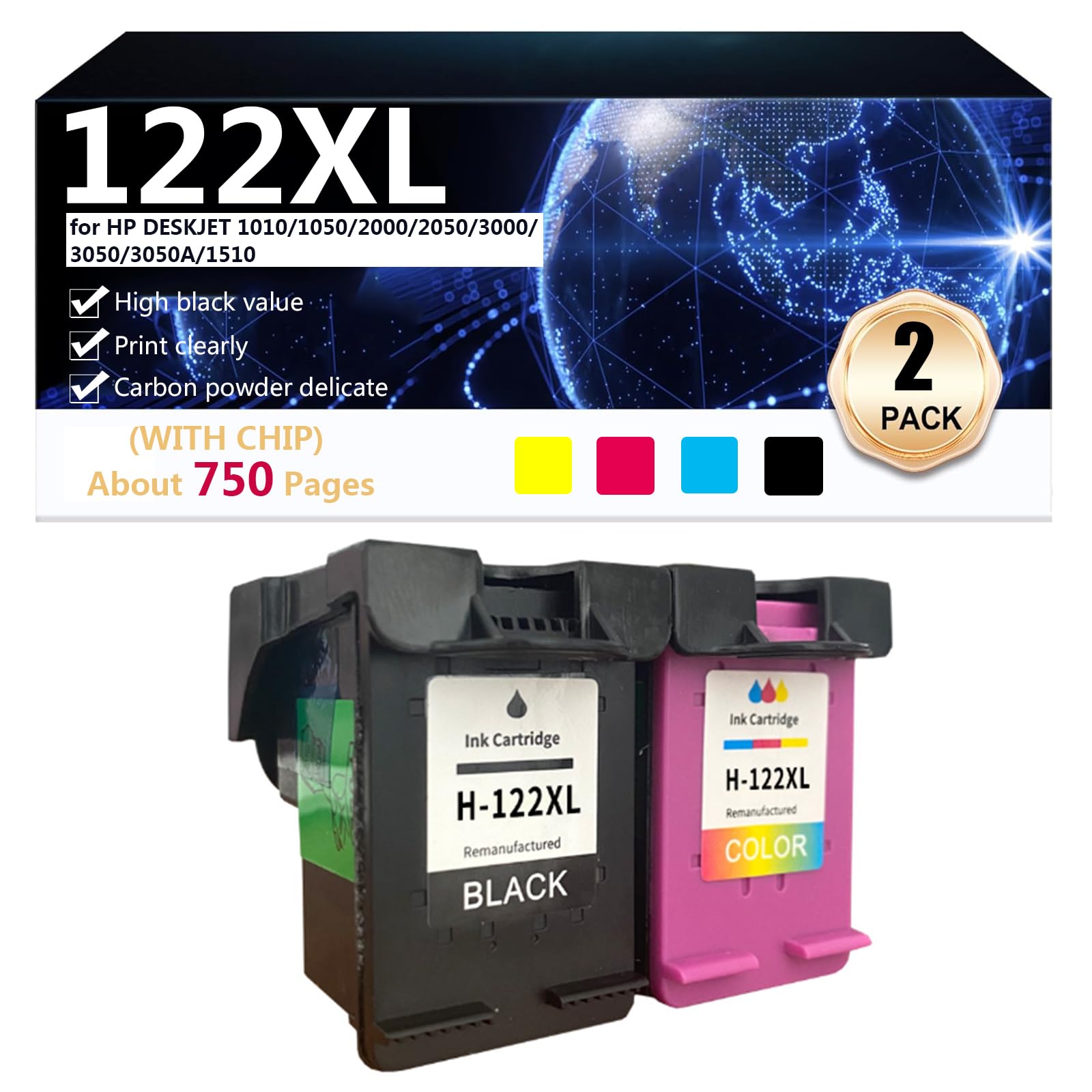Cartucce D'inchiostro Compatibili per 122XL per HP DESKJET 1010 1050 2000 2050 3000 3050 3050A 1510 Stampante Cartucce D'inchiostro ad Alta Resa, 750 Pagine,1 Set