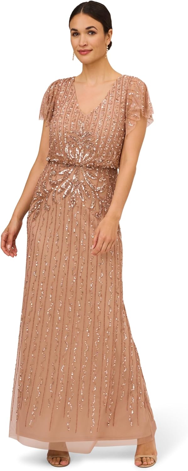 Adrianna Papell Womens Beaded Blouson Long Dress