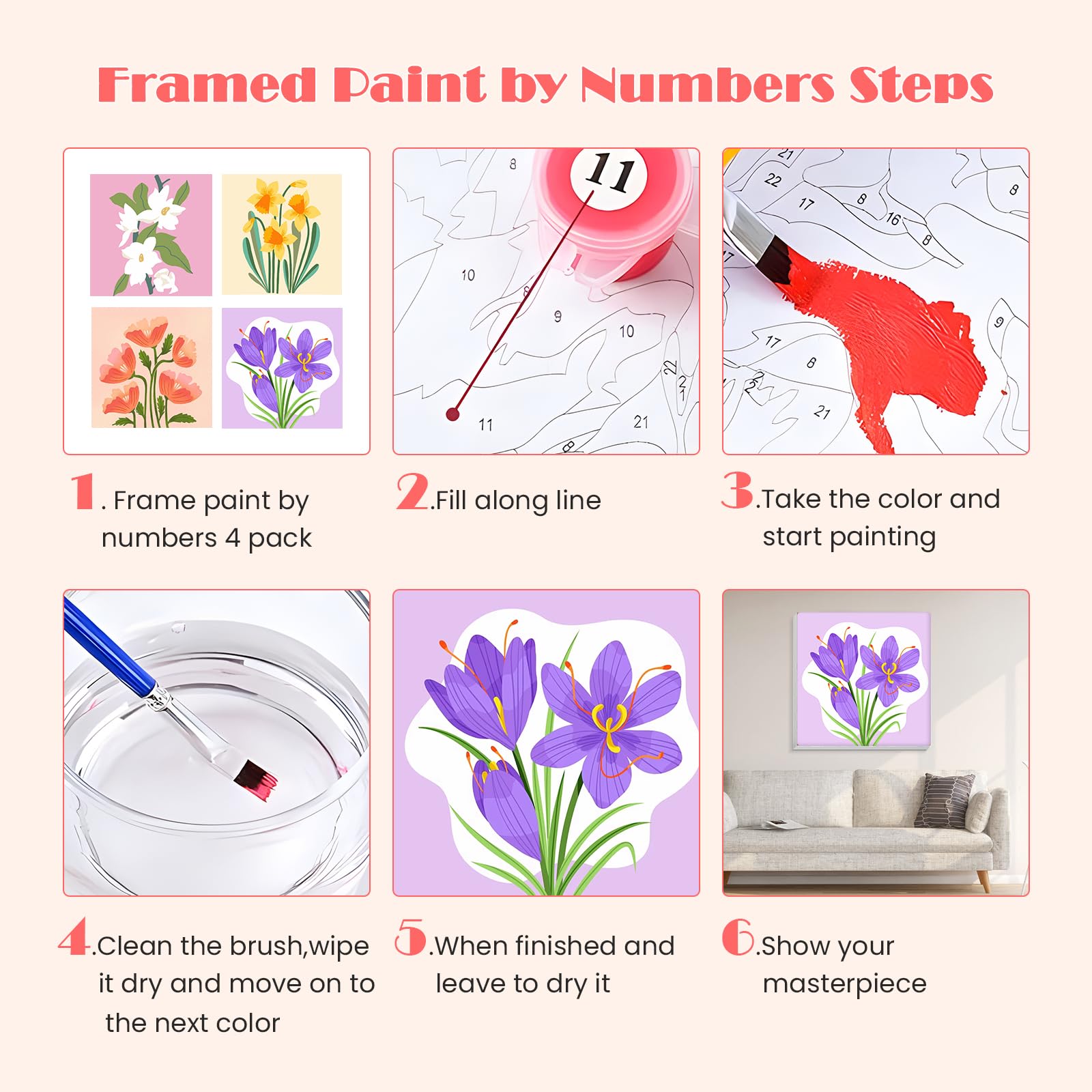 MISCER Paquete De 4 Pinturas De Flores Por Números Para Adultos Principiantes, Kits De Pintura De Flores Por Números Para Niños Principiantes, Pintura Al óleo Adecuada Para Decoración Del Hogar (8