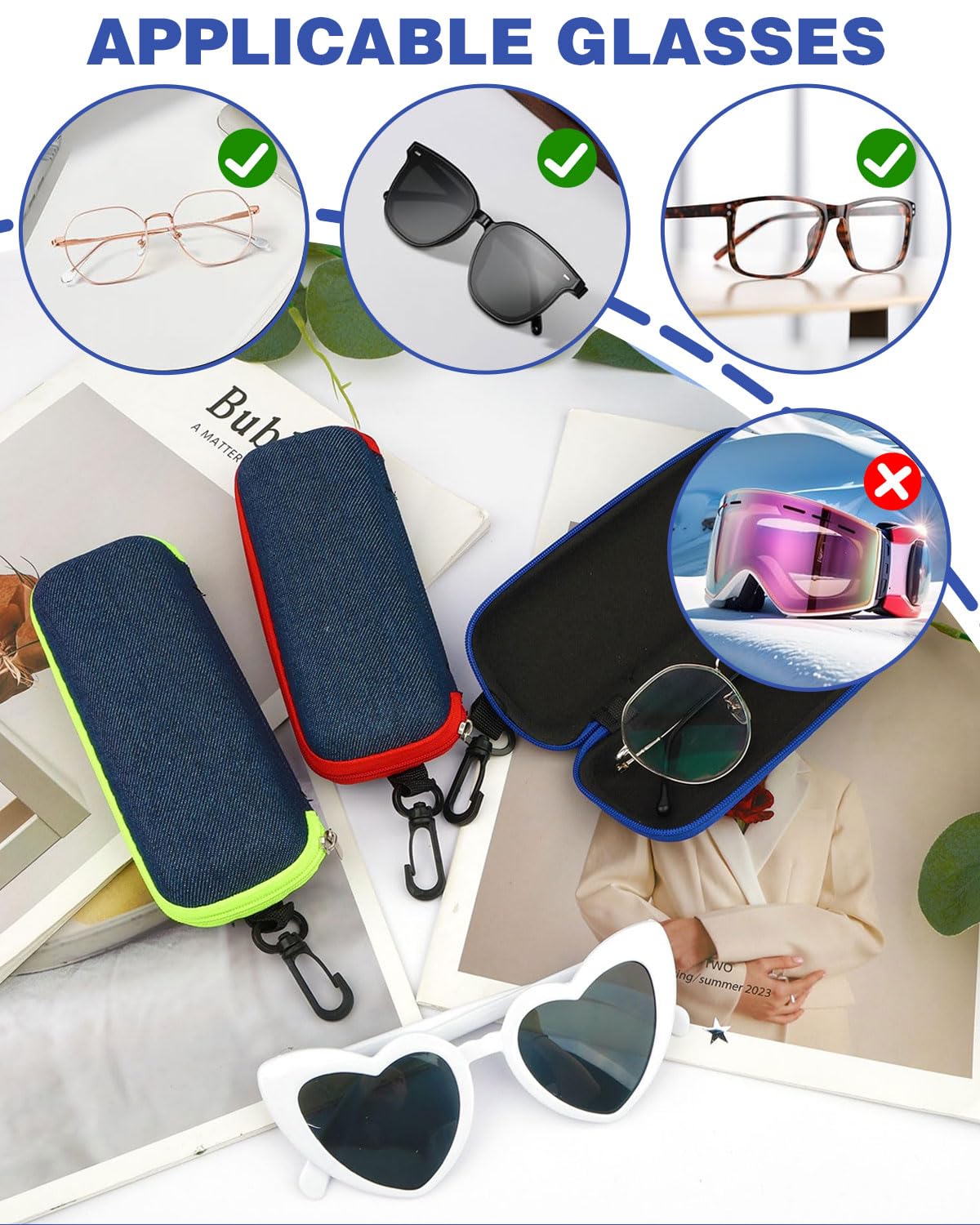 FUGLUS Custodia Con 3 panni azzurri per Occhiali Custodia Rigida per Occhiali in Tessuto Denim Portatile Custodia per Occhiali da Viaggio con Cerniera 3 Pezzi