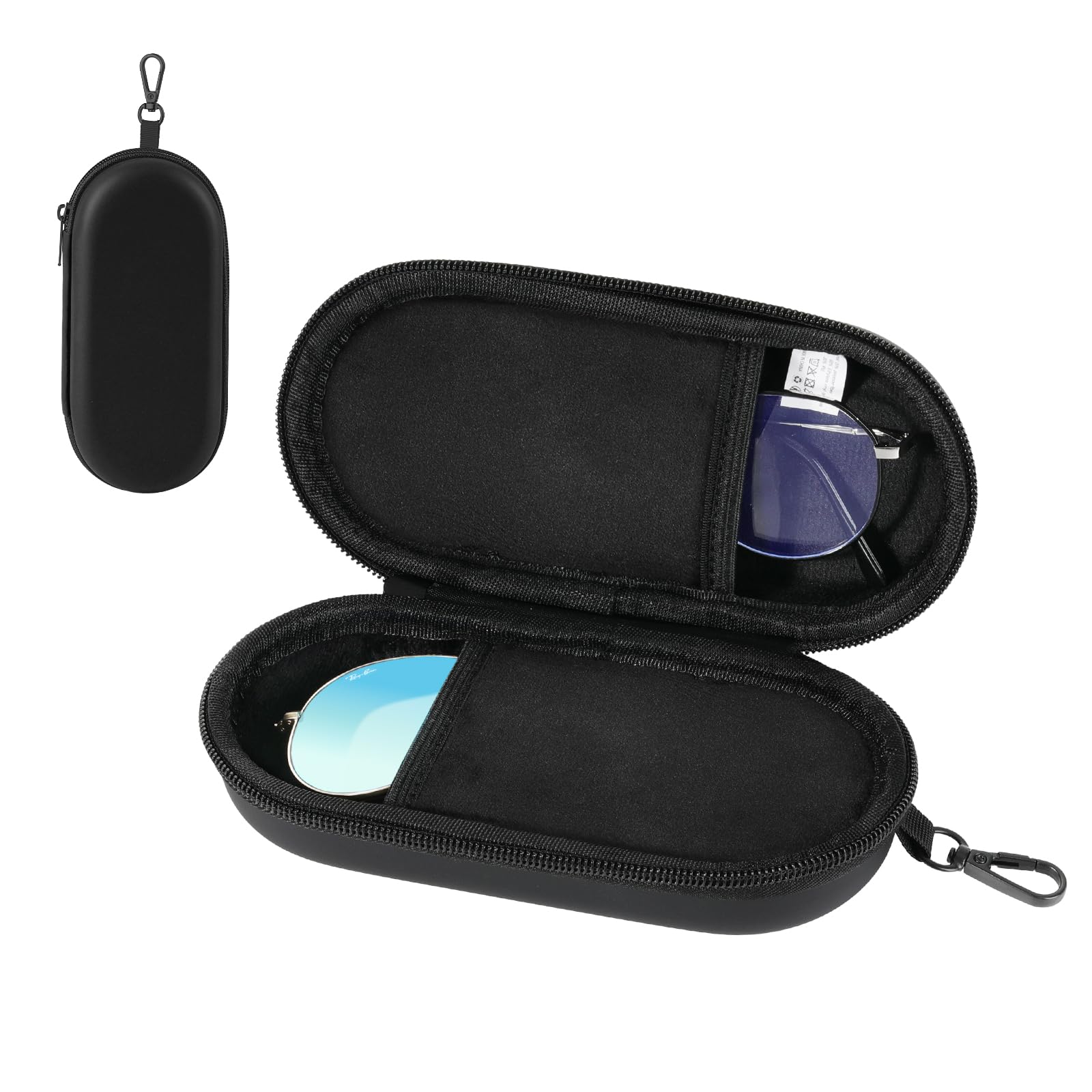 MoKo Double Glasses Case Hard Shell, Portable Travel Eyeglasses Case with Zipper Closure & Metal Hanging Hook, PU Leather Dual Sunglass Organizer for Women, Men, Black