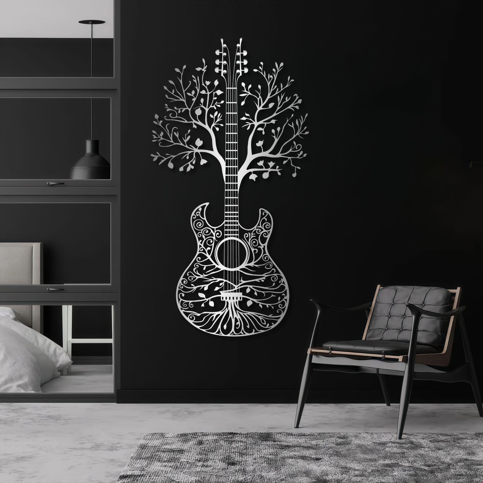 Arte murale in Metallo Nero Albero della Vita Chitarra Metal Musica Natura Studio Arte Decorazione murale Albero della Vita Chitarra Decorazione Scultura Moderna per Soggiorno Camera da Letto Corrido