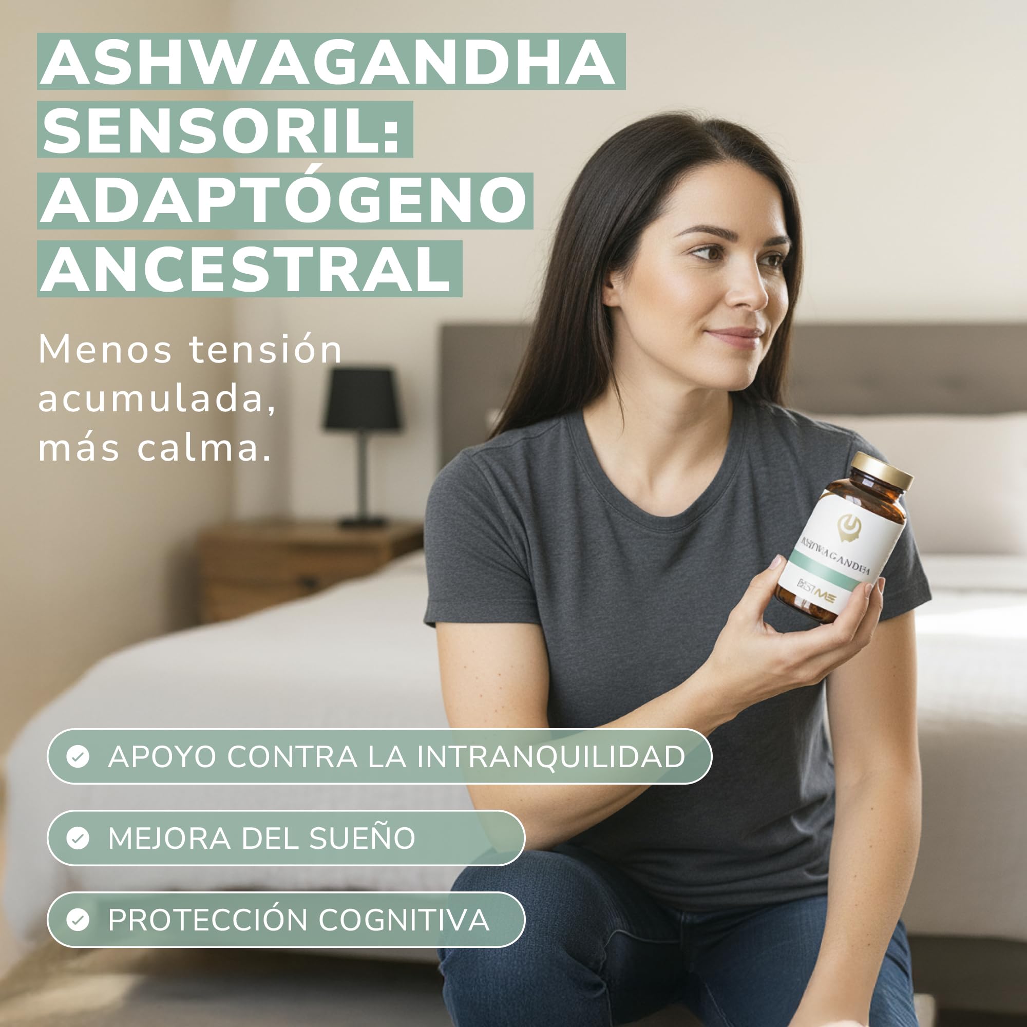 BESTME - Ashwagandha con Sensoril® 521 mg (10% de Withanólidos) | 60 Cáps | Apoyo al Estado de Ánimo, Calma y Concentración, Nootrópico Vegano y Sin Gluten
