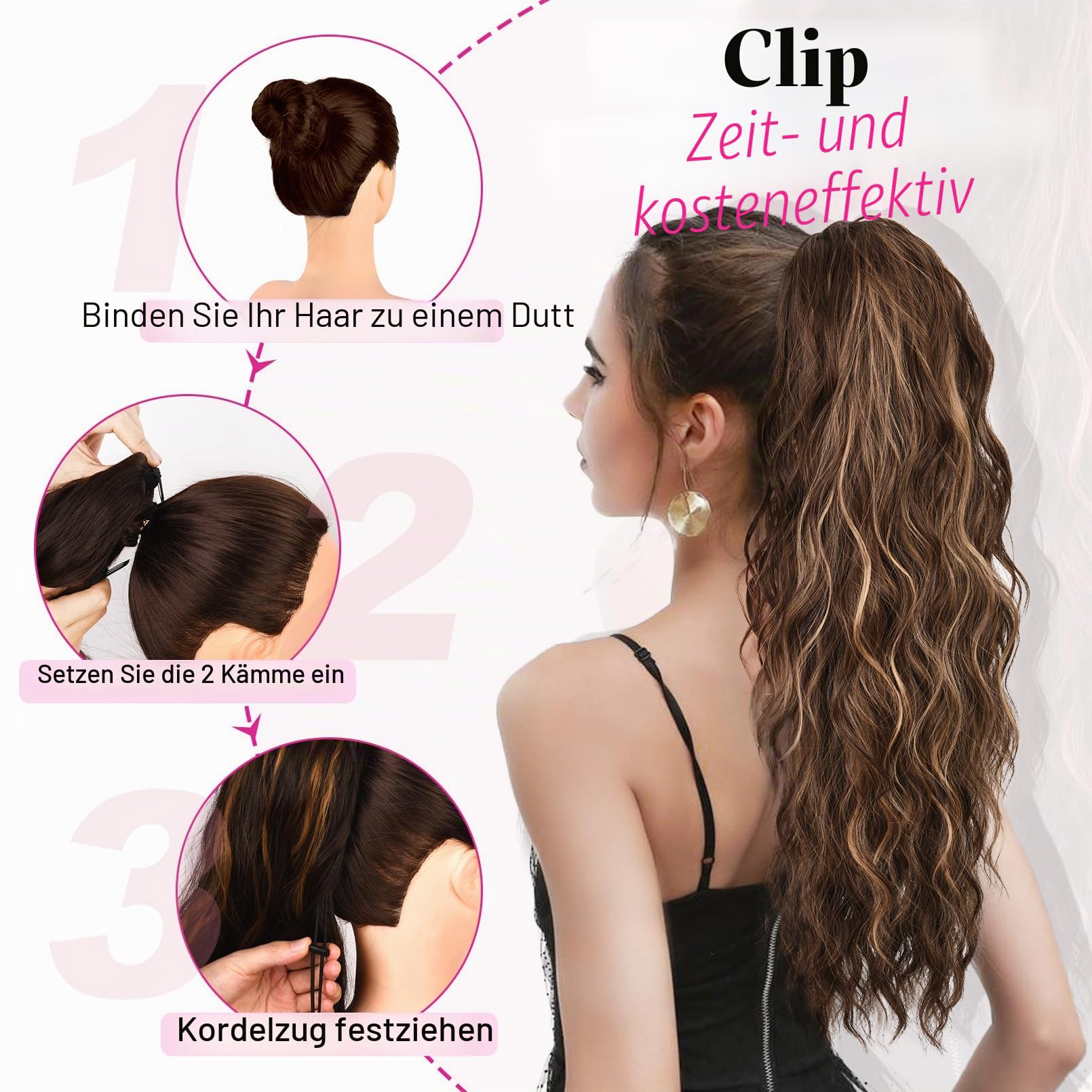 REECHO Ponytail Extension, 66 cm Long Beach Gewellt Zugband Pferdeschwanz Haarverlängerung Synthetischer Pferdeschwanz Haarteil für Frauen – Aschblond mit Highlights
