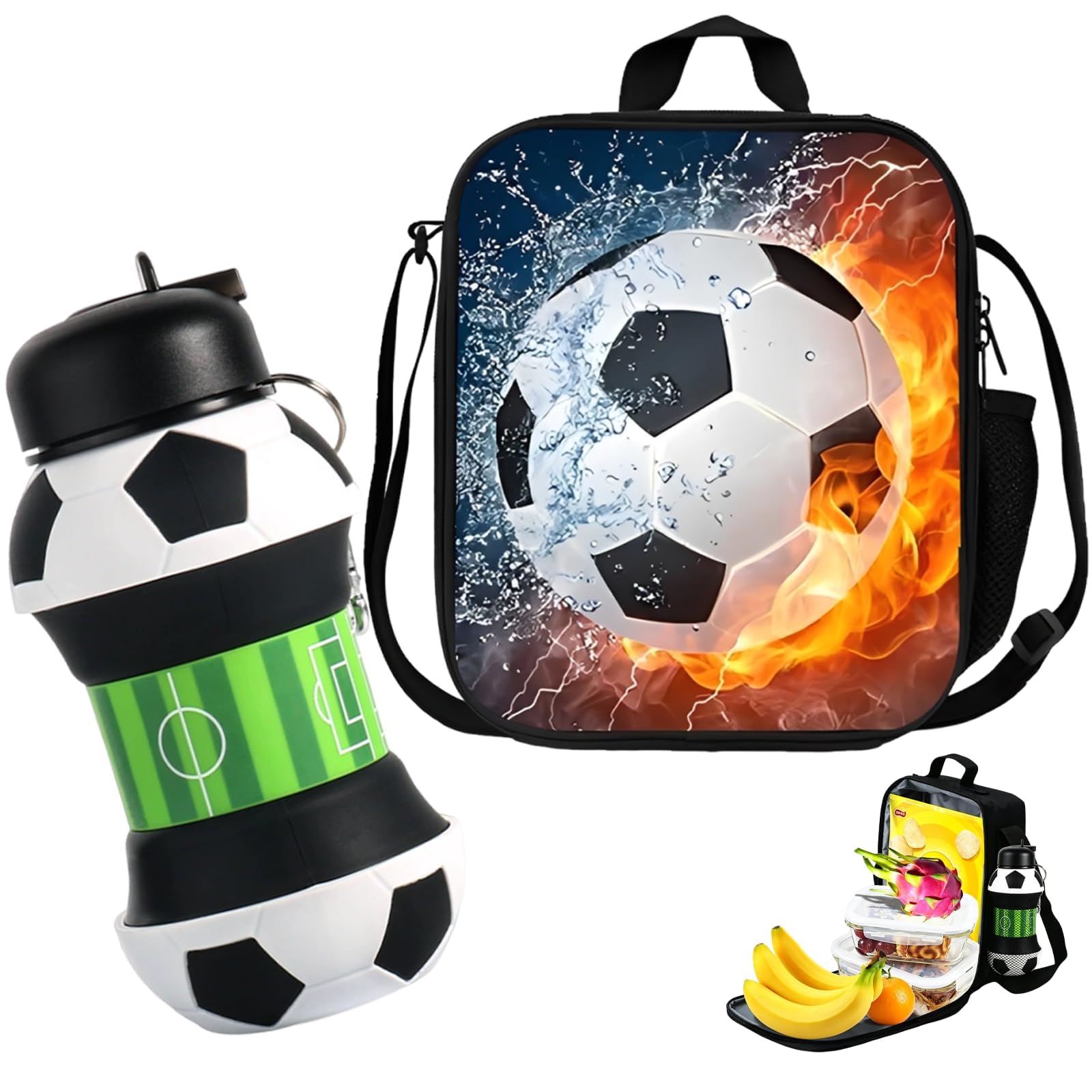 2 Pcs Football Lunch Box, Football Lunch Bag for Boys, Kids Lunch Bag with Football Design, Insulated Lunch Box for School, Picnic, Travel and Sports Activities, Compact and Durable Meal Carrier