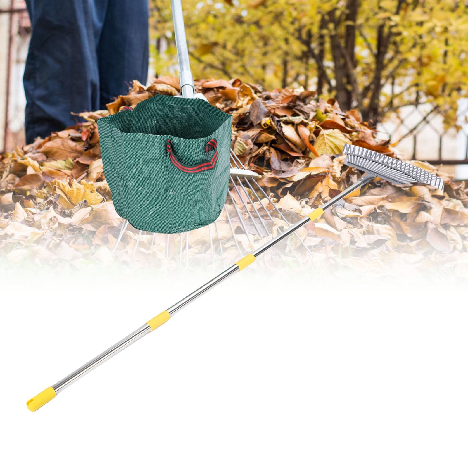 Rastrillo de jardín de hojas de metal, extraíble y ajustable, rastrillo de hojas resistente con bolsa reutilizable para patio exterior