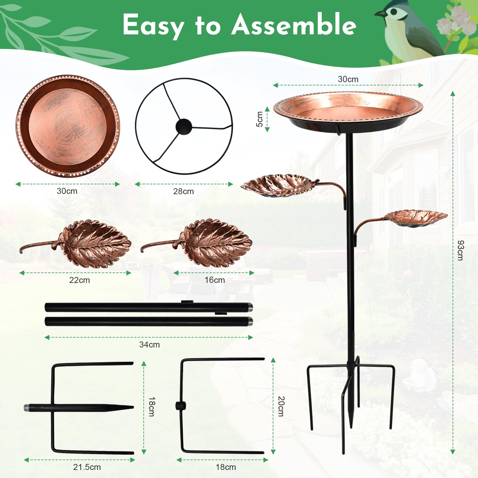 Cyiecw 93cm Vogeltränke Stehend, Vogelbad Gartendeko für Draußen, 2 in 1 Metall Wasserschale Garten & Futterstation für Vögel, Vogeltränke Winterfest mit Stabiler 5-Zinken-Basis(Antike Bronze)