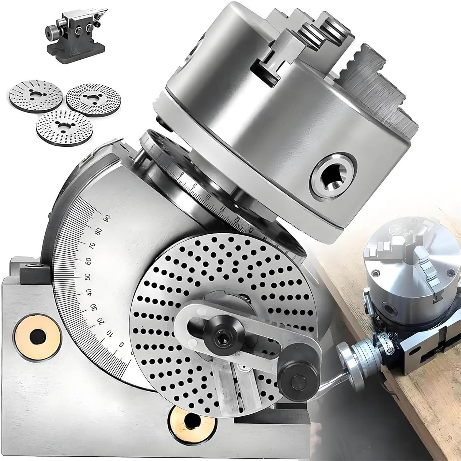 LJLYYDS Heavy Duty 3-Jaw Dividing Head Set For Milling,Precision Semi Universal Dividing Head, W/100/125/160 Chuck+Tailstock, W/Precision Scale Resetting 4inch