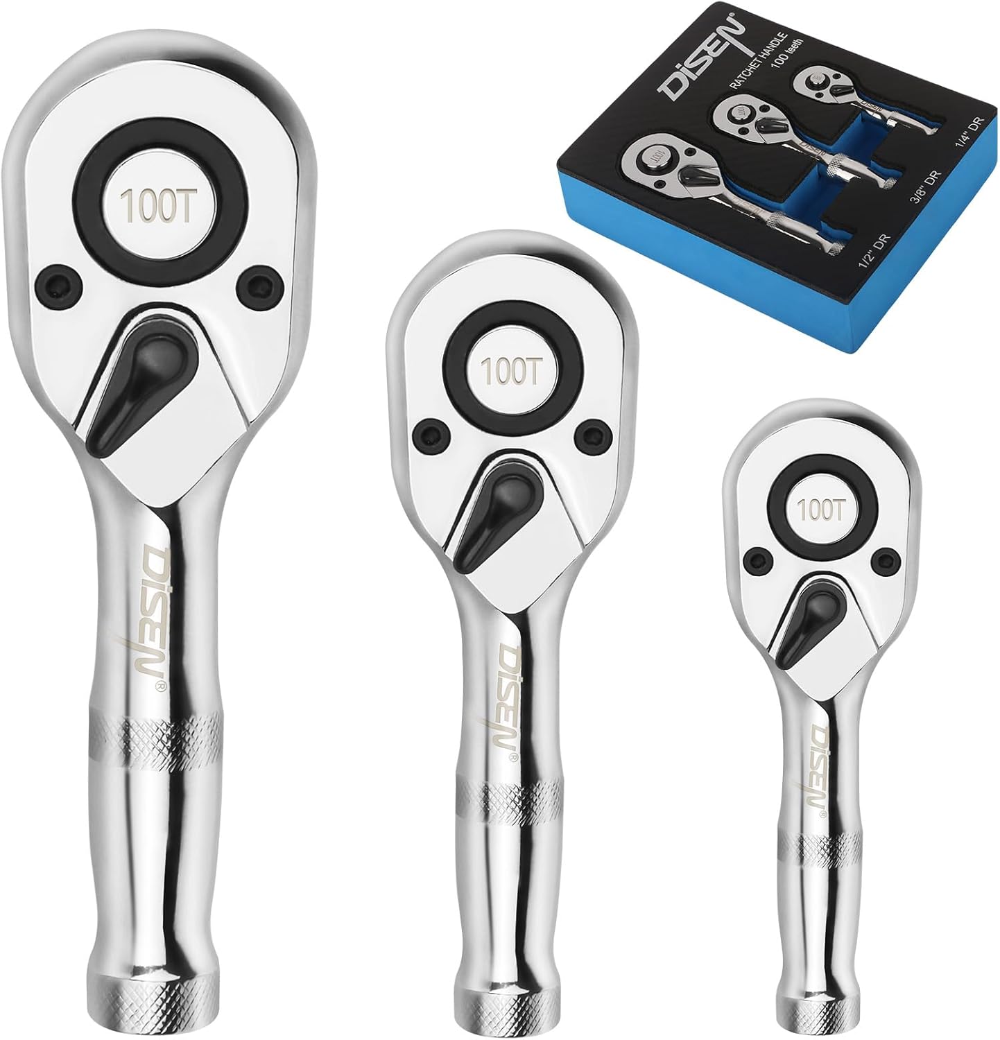 DISEN 3-Piece Stubby Ratchet Set  1/4", 3/8", 1/2" Drive | 100-Tooth Ratchet with EVA Storage Tray | Quick Release Button | Non-Slip Grip | Reversible 3.6 Design for Tight Spaces, Chrome Finish