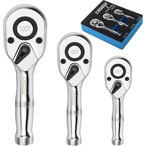 DISEN 3-Piece Stubby Ratchet Set – 1/4", 3/8", 1/2" Drive | 100-Tooth Ratchet with EVA Storage Tray | Quick Release Button | Non-Slip Grip | Reversible 3.6° Design for Tight Spaces, Chrome Finish