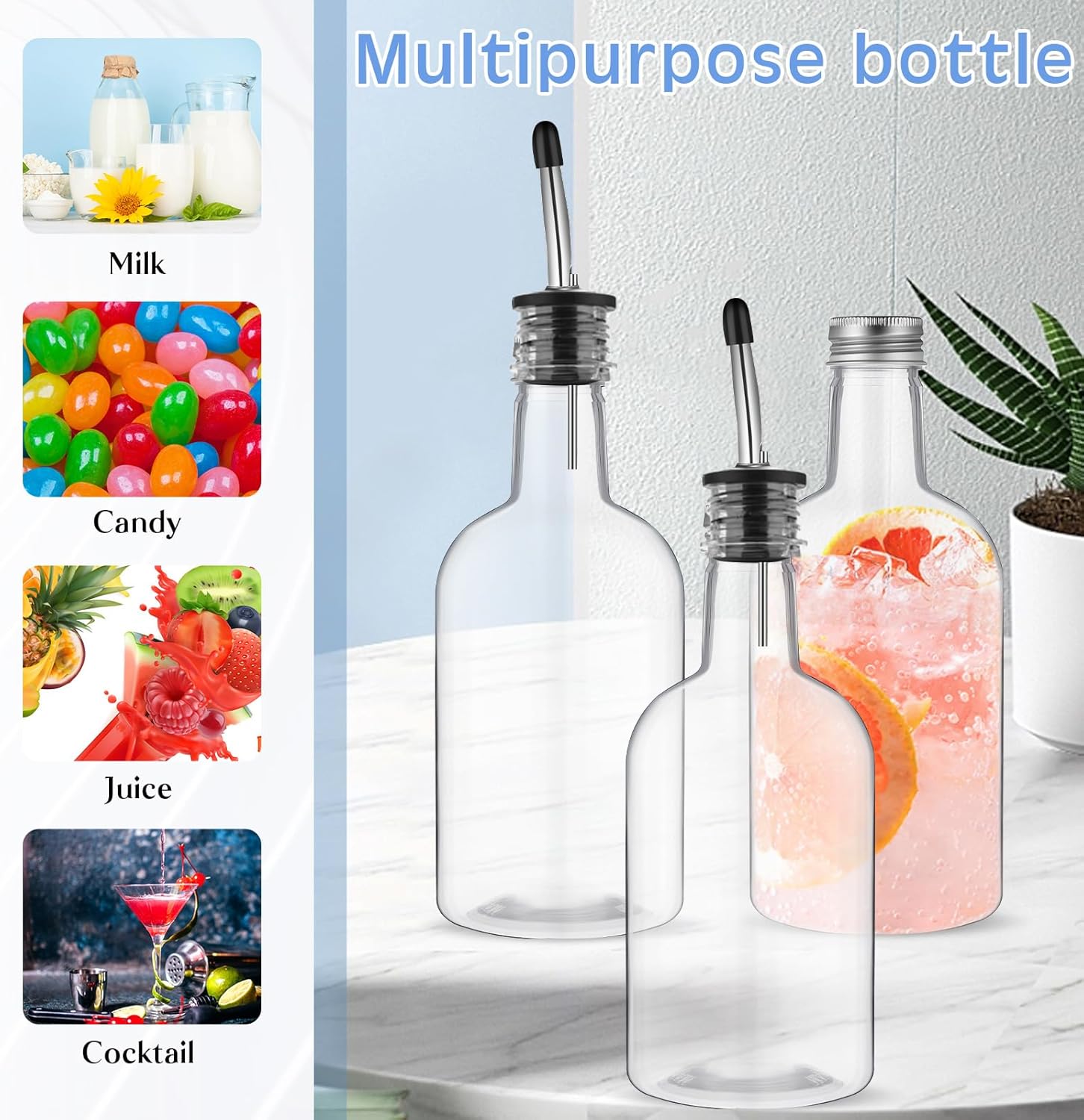 Maxcheck 6 Sets 16 oz Plastic Long Neck Bottles with Pourer and Caps Plastic Juice Pour Bottles with Stainless Steel Bottle Pourer Tapered Spout for Liquor Juice Store Syrup - Image 7