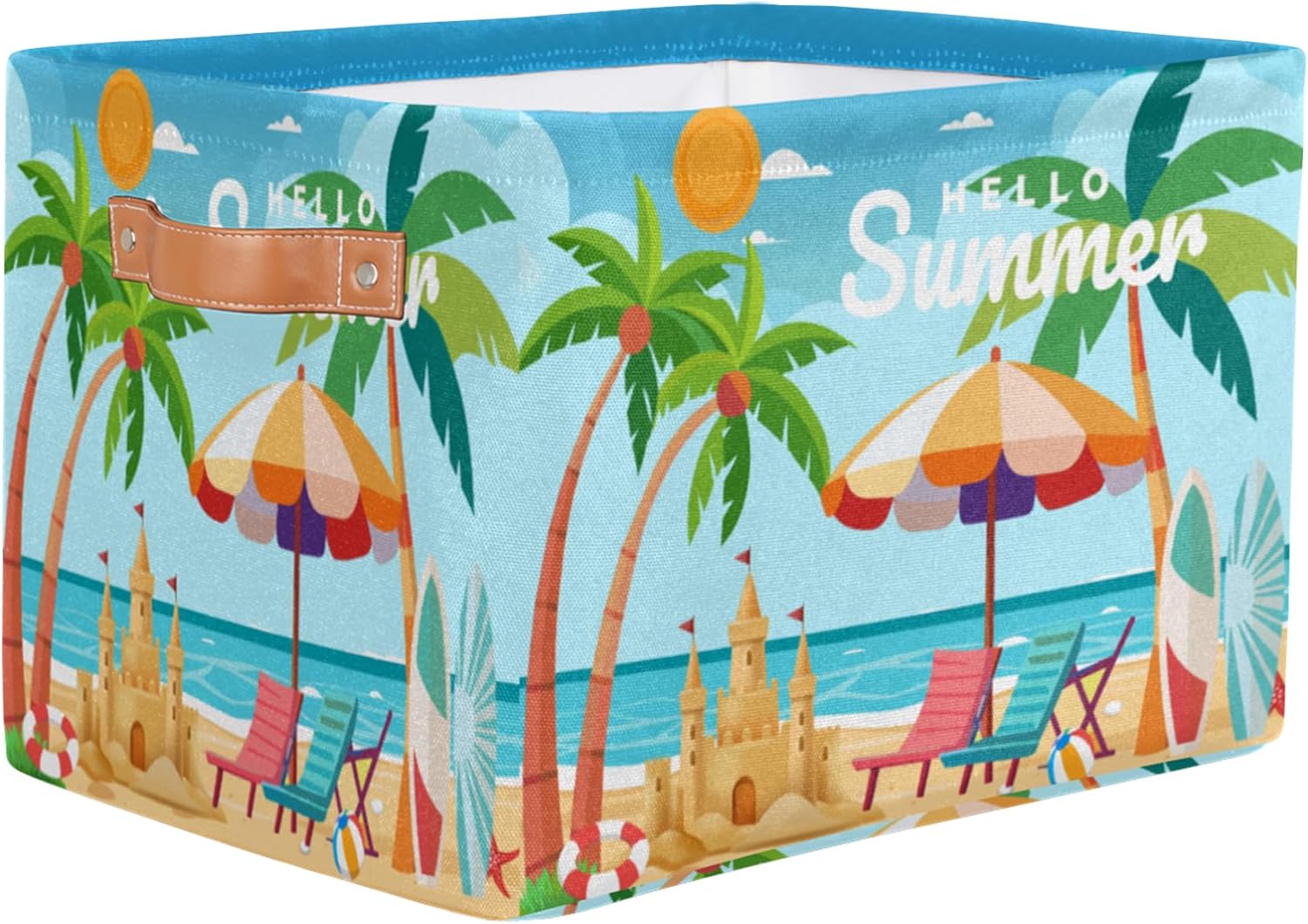 Summer Beach Picnic Basket, Canvas Storage Basket, Foldable Outdoor Basket, Palm Tree Kid Present Toy Box, Baby Laundry Hamper with Handles, 15 * 11 * 9.5 Inches