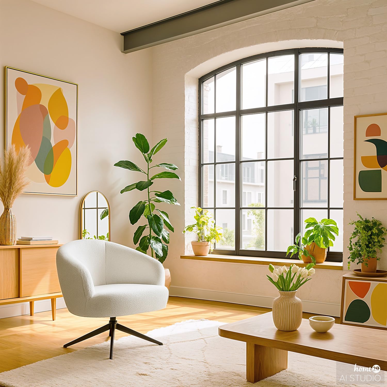 home24 Sessel aus Bouclé & pulverbeschichtetem Eisen in Creme, Pulverbeschichtetes Metallgestell mit technischer Polsterformung, Stilvolles Sitzmöbel für den Wohnraum