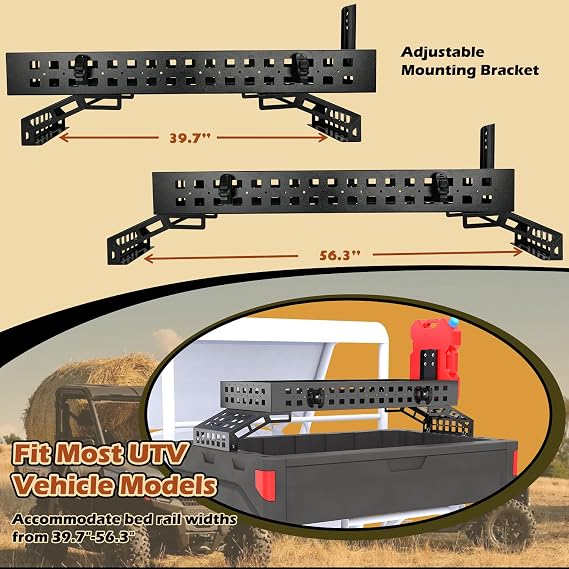 TOPOWN UTV Overbed Cargo Rack with Adjustable Mounting Brackets Accommodate Bed Rail Widths from 39.7-56.3(Inside Width), Molle Panel Sides UTV Bed Racks with Tool Clamps and Gas Can Mount