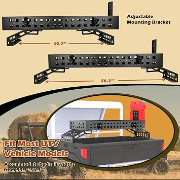 TOPOWN UTV Overbed Cargo Rack with Adjustable Mounting Brackets Accommodate Bed Rail Widths from 39.7-56.3(Inside Width), Molle Panel Sides UTV Bed Racks with Tool Clamps and Gas Can Mount