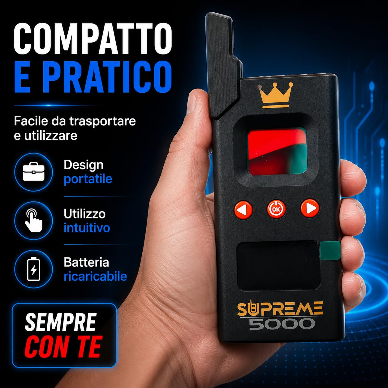 Rilevatore Professionale di Microspie, Telecamere Nascoste e GPS - Dispositivo Portatile Avanzato con Alta Sensibilità per Rilevare Segnali Wireless in Auto Uffici Casa - Supreme 5000