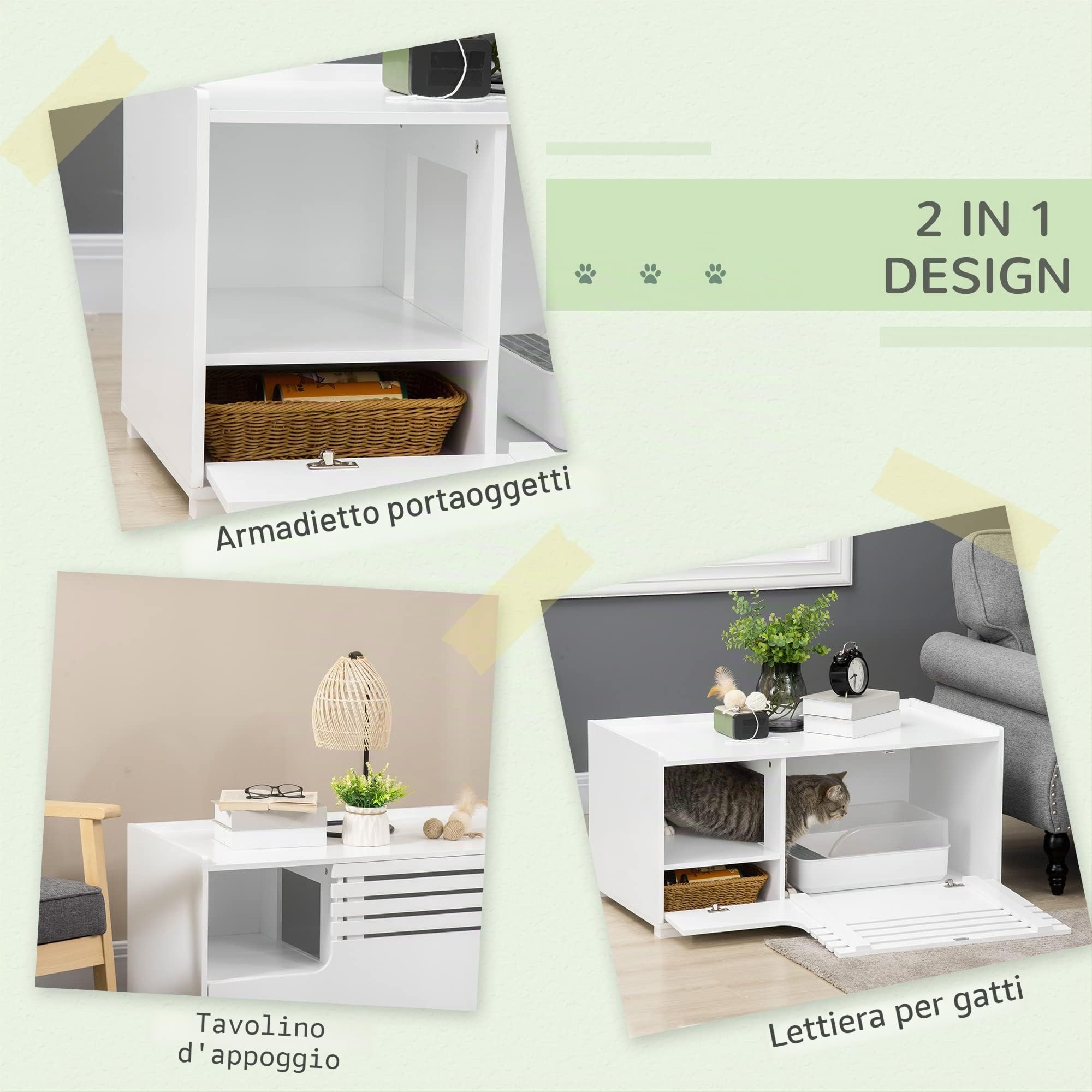 PawHut Armadietto per Gatti con Porta Magnetica, Design Rialzato, MDF, Bianco, 90 x 48 x 42,5 cm