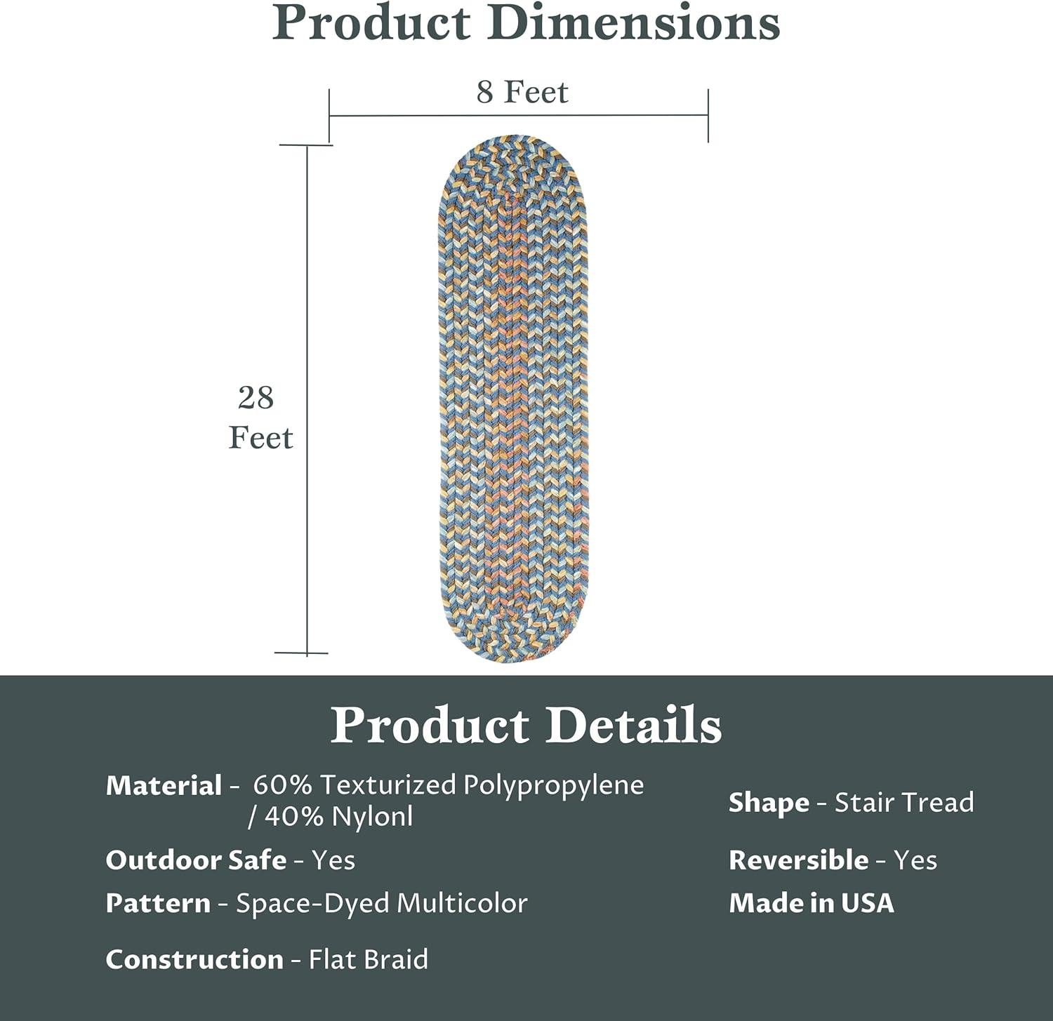 Rhody Rug Cypress CY97 Marina Blue 8" x 28" Stair Tread - Braided Area Rug, Home Decor, Floor Mat or Bedroom Rug - Easy Care, Ideal for High Traffic Areas in Hallway and Living Room - Made in USA