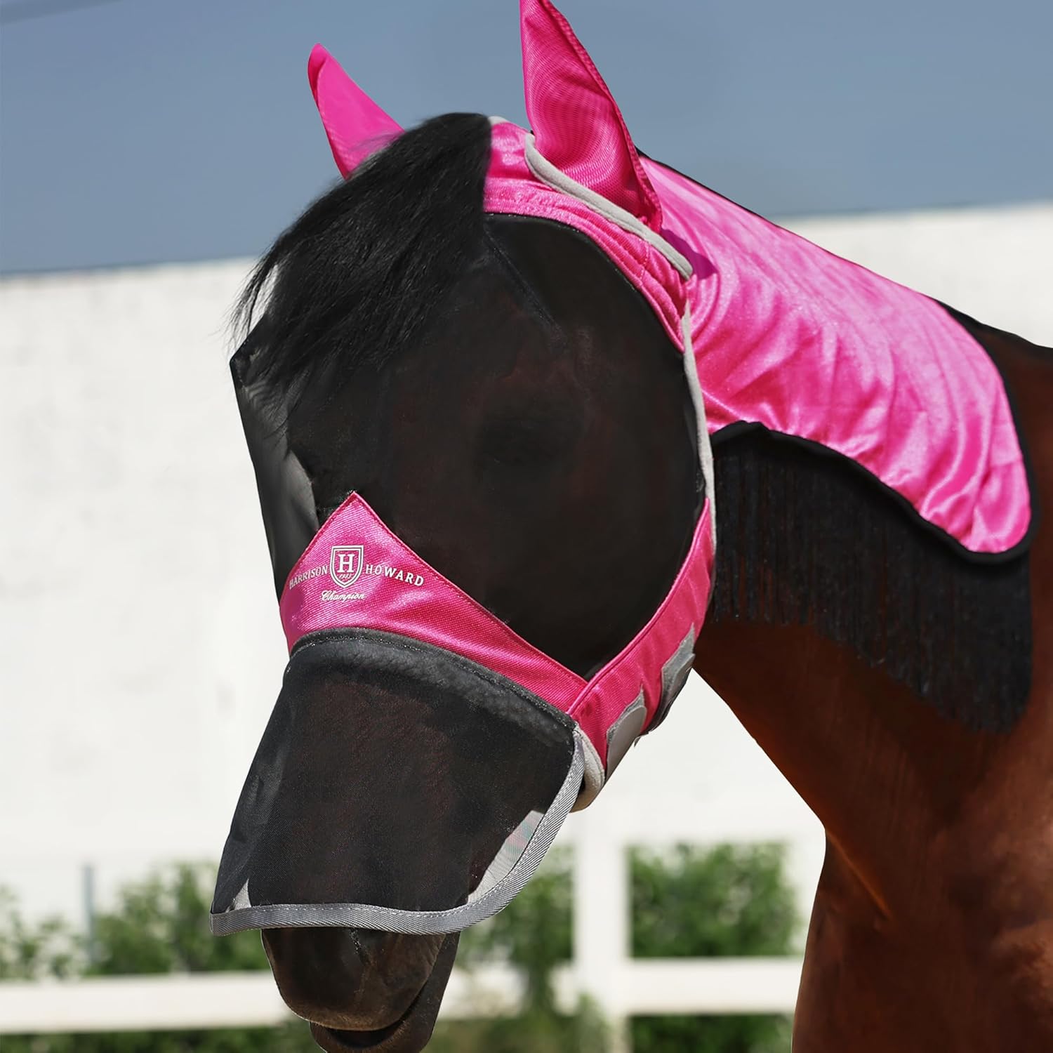 Harrison Howard Pro Fly Mask with Extended Neck Cover Large Eye Space Full Face UV-Proof Mane Styling for Horse Magenta M