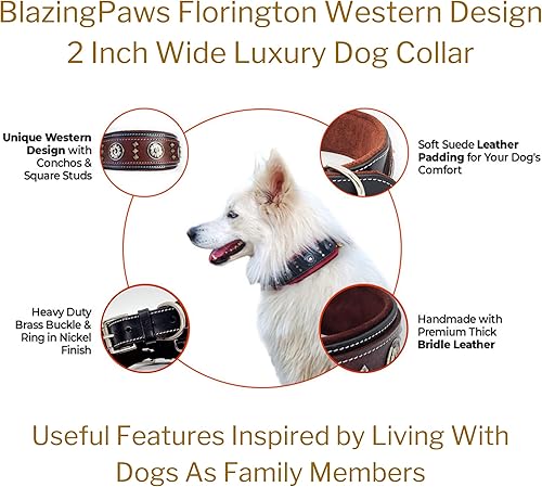 Miniatura 6 de BlazingPaws Florington - Collar occidental de cuero grueso de lujo de 2 pulgadas de ancho para perros grandes, collar de perro acolchado de gamuza