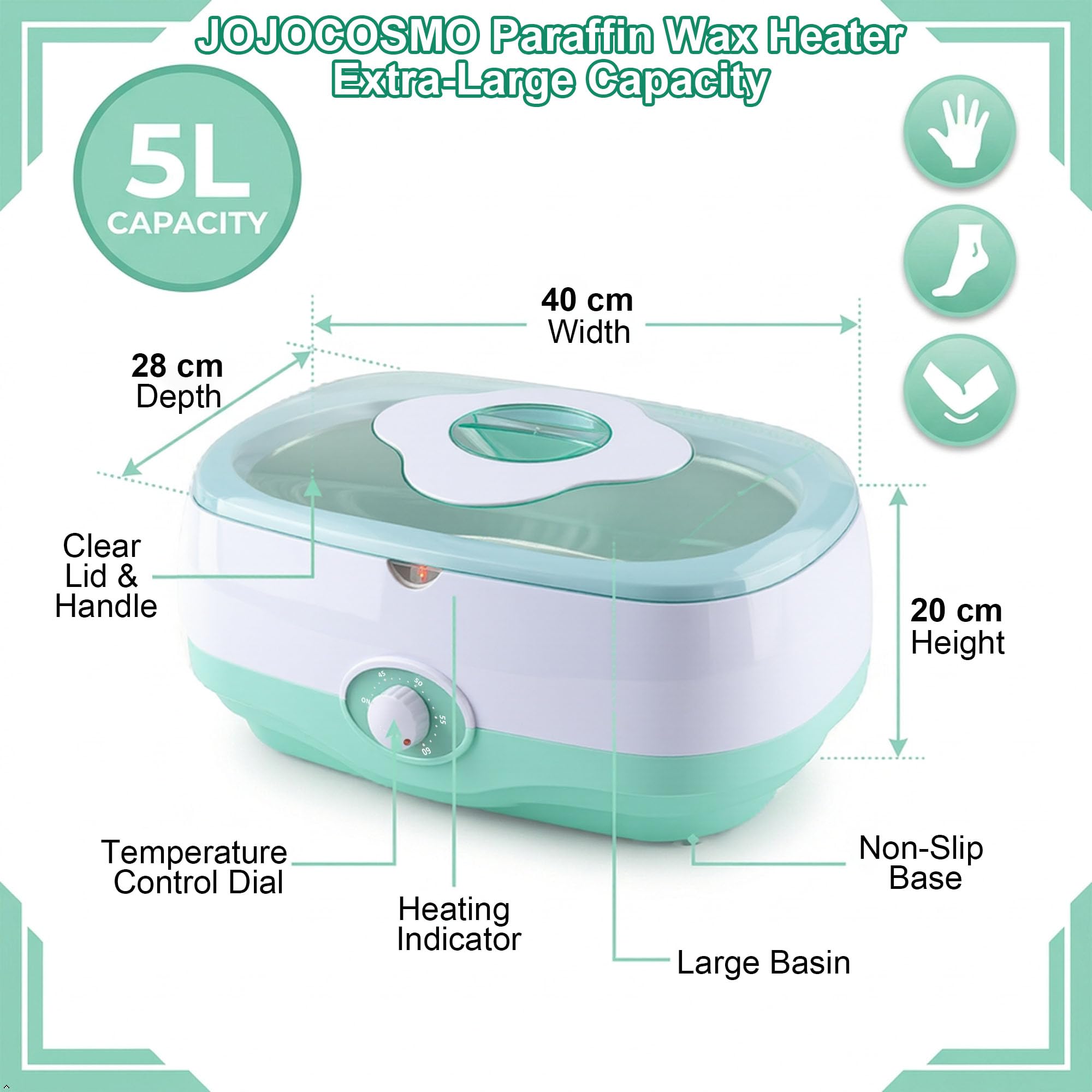Baño de parafina JOJOCOSMO para manos y pies – Aparato de baño de parafina de 5000 ml con 1800 g de cera de parafina ecológica para manos y pies, incluye