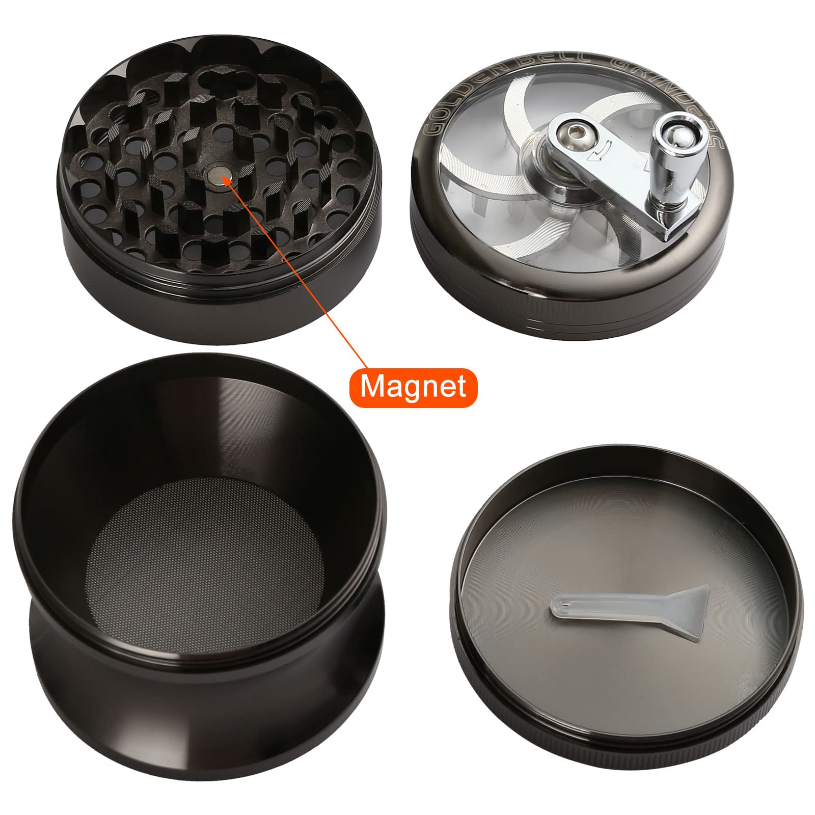 LIHAO Grinder Unico, 6.3cm Spezie Erbe Grinder in 4 Pezzi in Metallo con Manovella - Nichel Nero