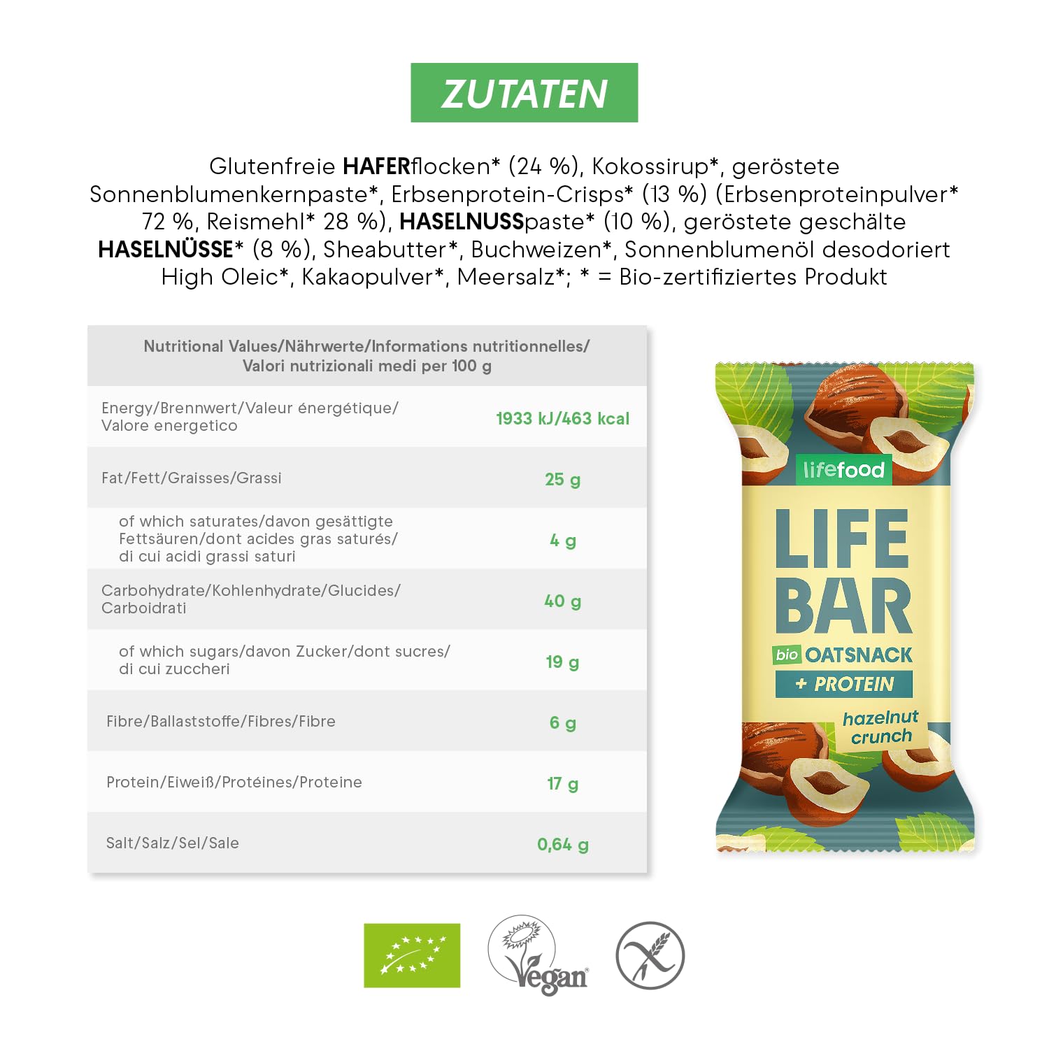 lifefood Lifebar Haferriegel, Hafer Riegel, Haferflocken Riegel, Hafer Snack BIO Vegan Lactosefrei Glutenfrei - 15er Pack (15 x 40 g) (Haselnuss Crunch)