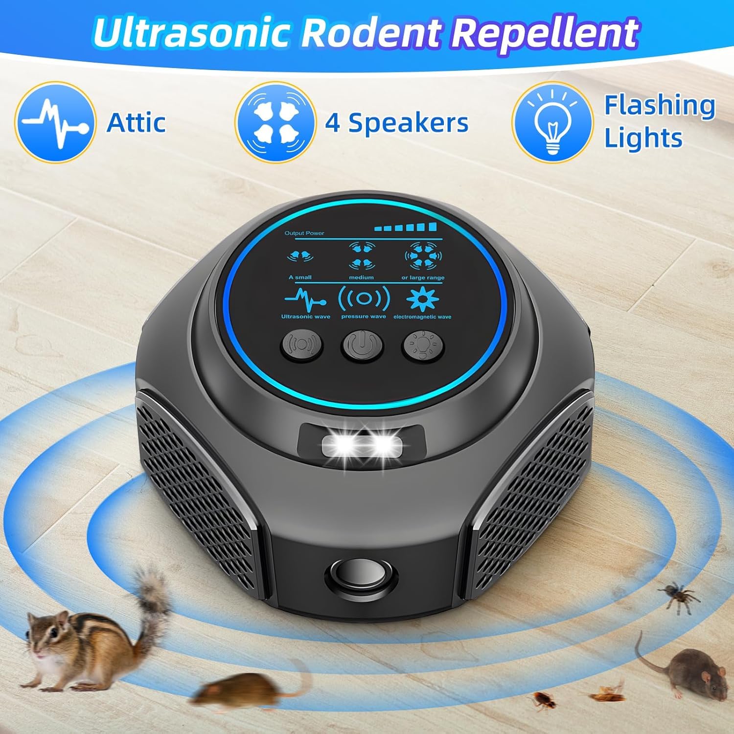 Mäuseabwehr, Ultraschall für Ratten, 360° Ultraschall Maus mit LED-Licht, Abwehrmittel für Mäuse, Nager, Schädlinge, Ratten, Spinnen, Motten, Ameisen