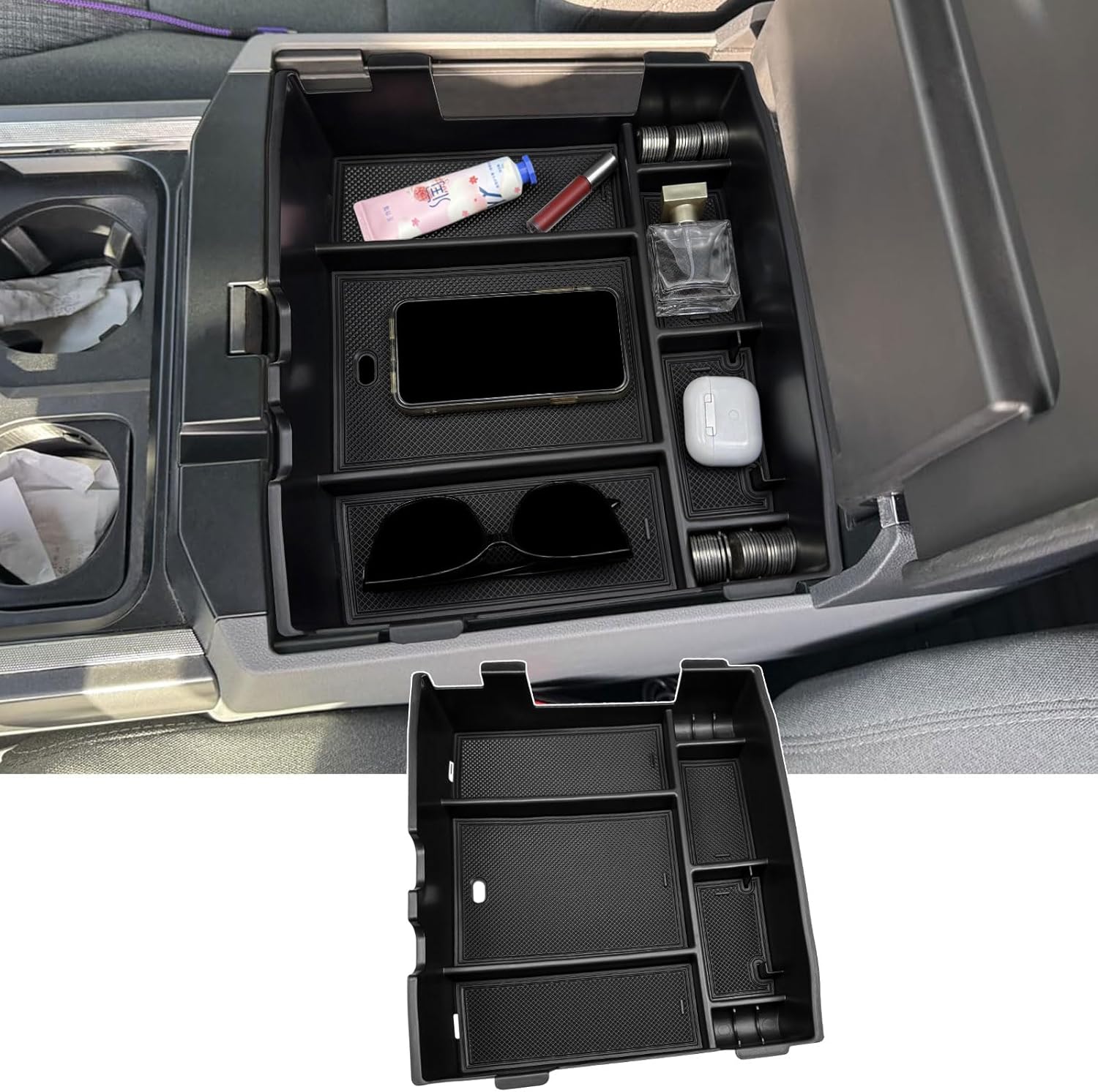 Zxiaochun Center Console Organizer for 2023 2024 2025 2026 Ford F250 F350 F450 F550 Super Duty, Plastic Armrest Storage Box Tray, ABS Material with Non-Slip Mats (Full Console w/Bucket Seats ONLY)