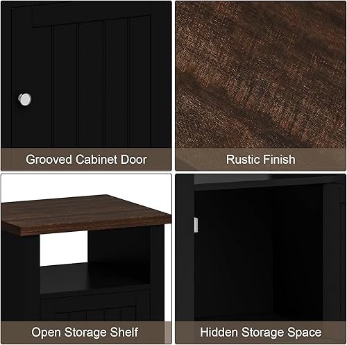 Miniatura 4 de ChooChoo Juego de 2 mesitas de noche, mesa auxiliar rústica vintage con almacenamiento para dormitorio, sala de estar, negro y marrón Negro y