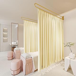 Moderno separador de habitación con poste de metal y cortinas de privacidad, color blanco/rosa/gris, para salón de belleza, clínica y salón, 6.5/7.5 pies de ancho x 6.5 pies de alto, color amarillo